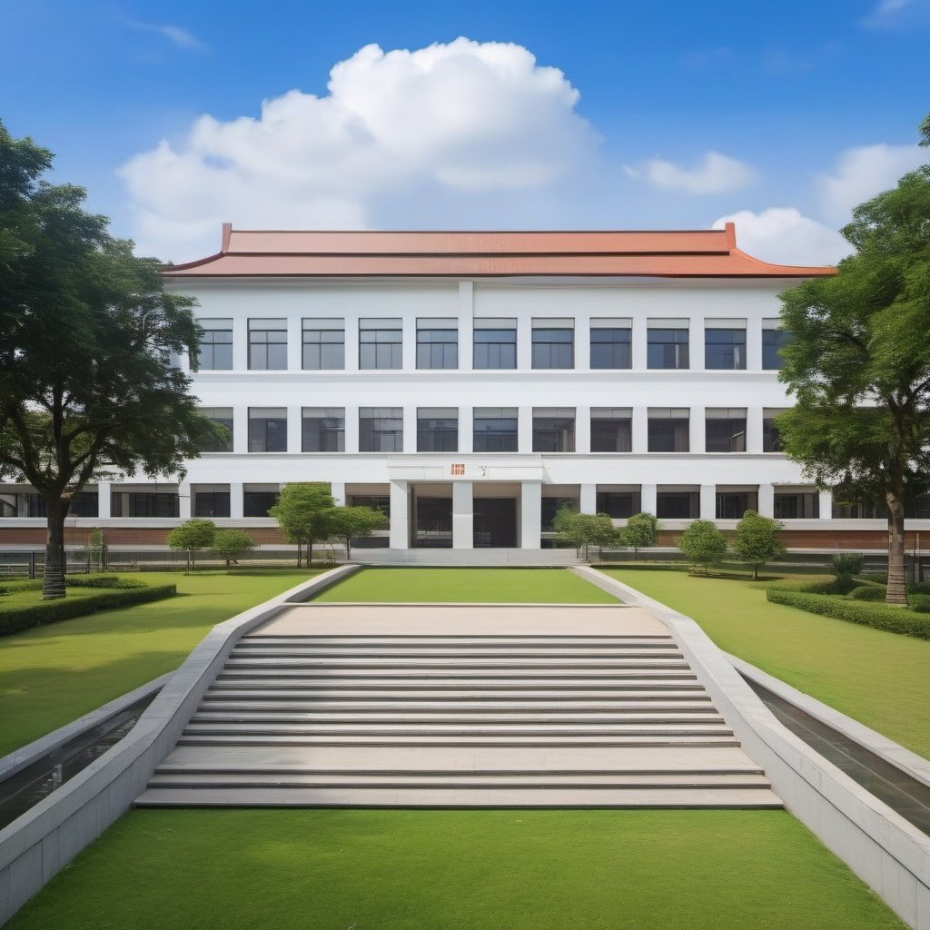 (masterpiece), best quality,8K,no humans, outdoors,xuexiao,school,building, day,blue sky,cloud,tree,grass,(stairs:0.8),window,    <lora:ZSschoolV1.0-000022:0.7>