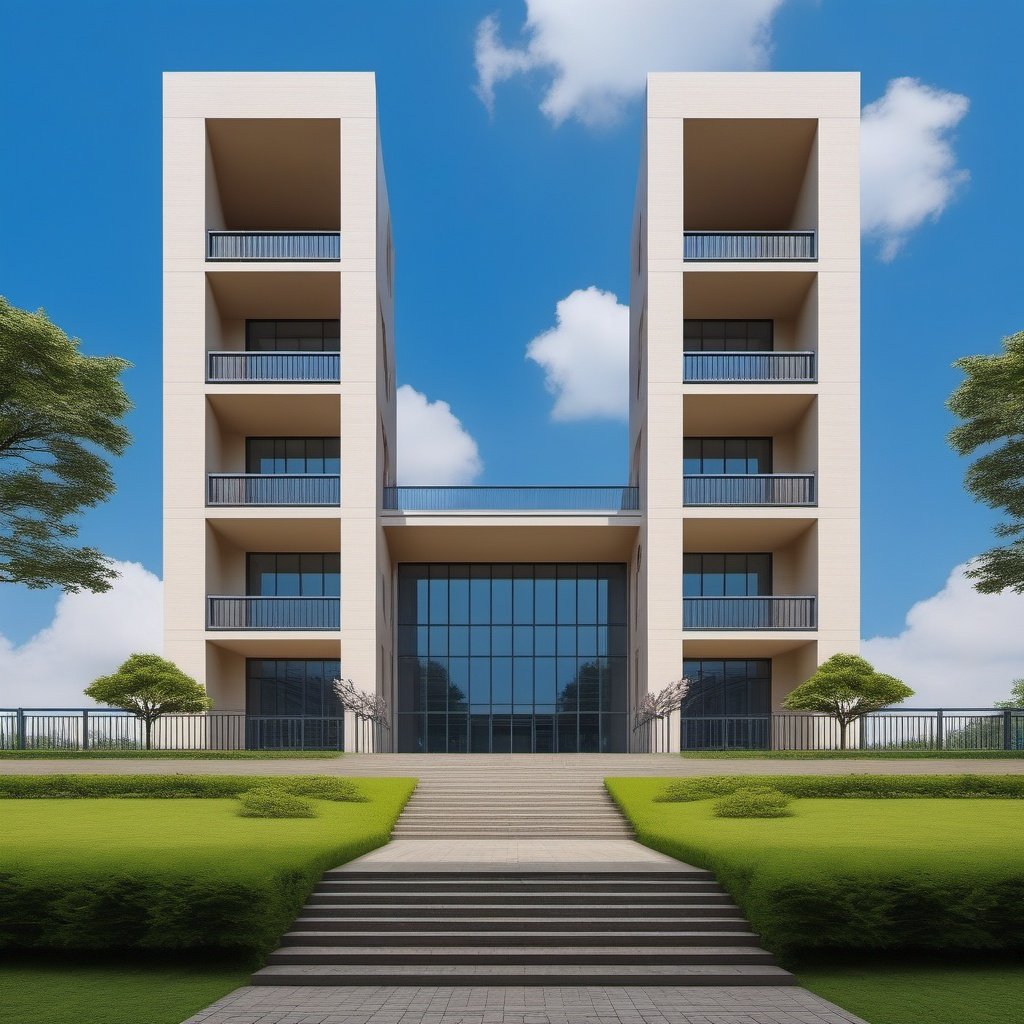 (masterpiece), best quality,8K,no humans, outdoors,xuexiao,school,building, day,blue sky,cloud,tree,grass,(stairs:0.8),window,    <lora:ZSschoolV1.0-000049:0.3>