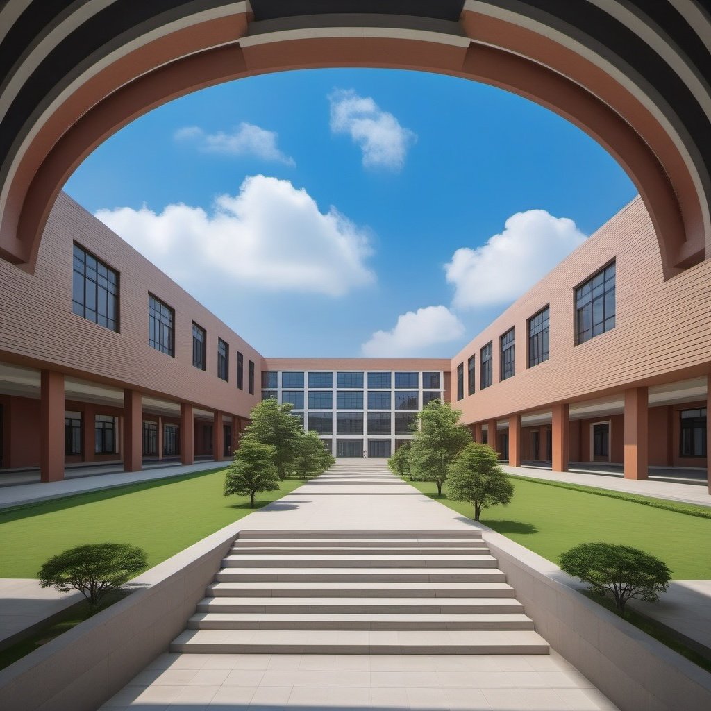 (masterpiece), best quality,8K,no humans, outdoors,xuexiao,school,building, day,blue sky,cloud,tree,grass,(stairs:0.8),window,    <lora:ZSschoolV1.0-000036:0.5>