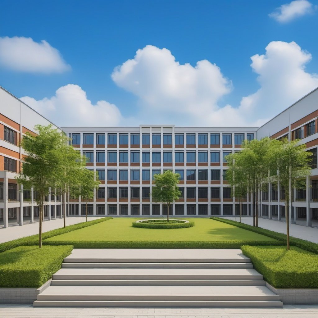 (masterpiece), best quality,8K,no humans, outdoors,xuexiao,school,building, day,blue sky,cloud,tree,grass,(stairs:0.8),window,    <lora:ZSschoolV1.0-000036:0.5>