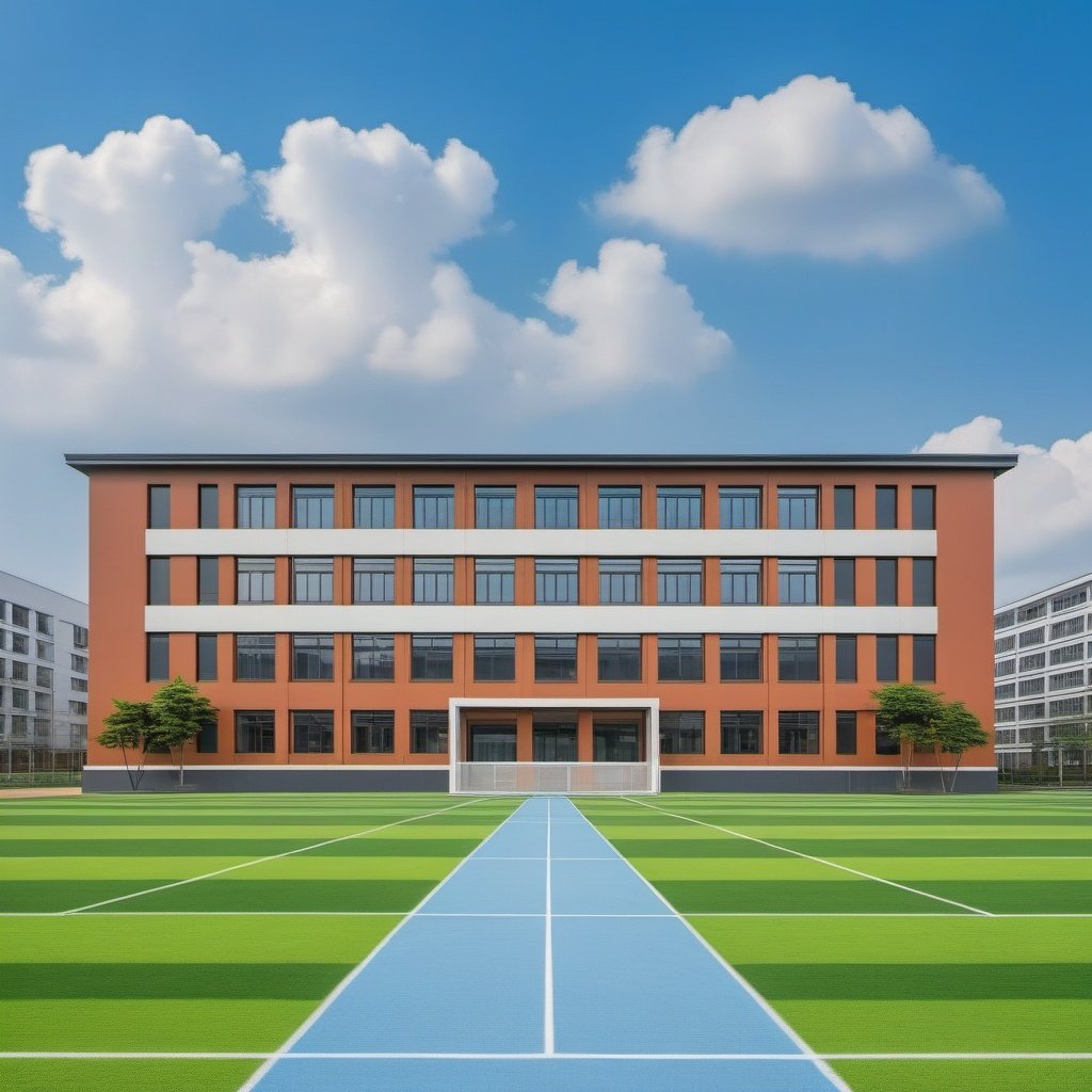 (masterpiece), best quality,8K,no humans, outdoors,xuexiao,school,building, day,blue sky, football,runway,cloud,tree,grass,(stairs:0.8),window,   <lora:ZSschoolV1.0-000041:0.5>