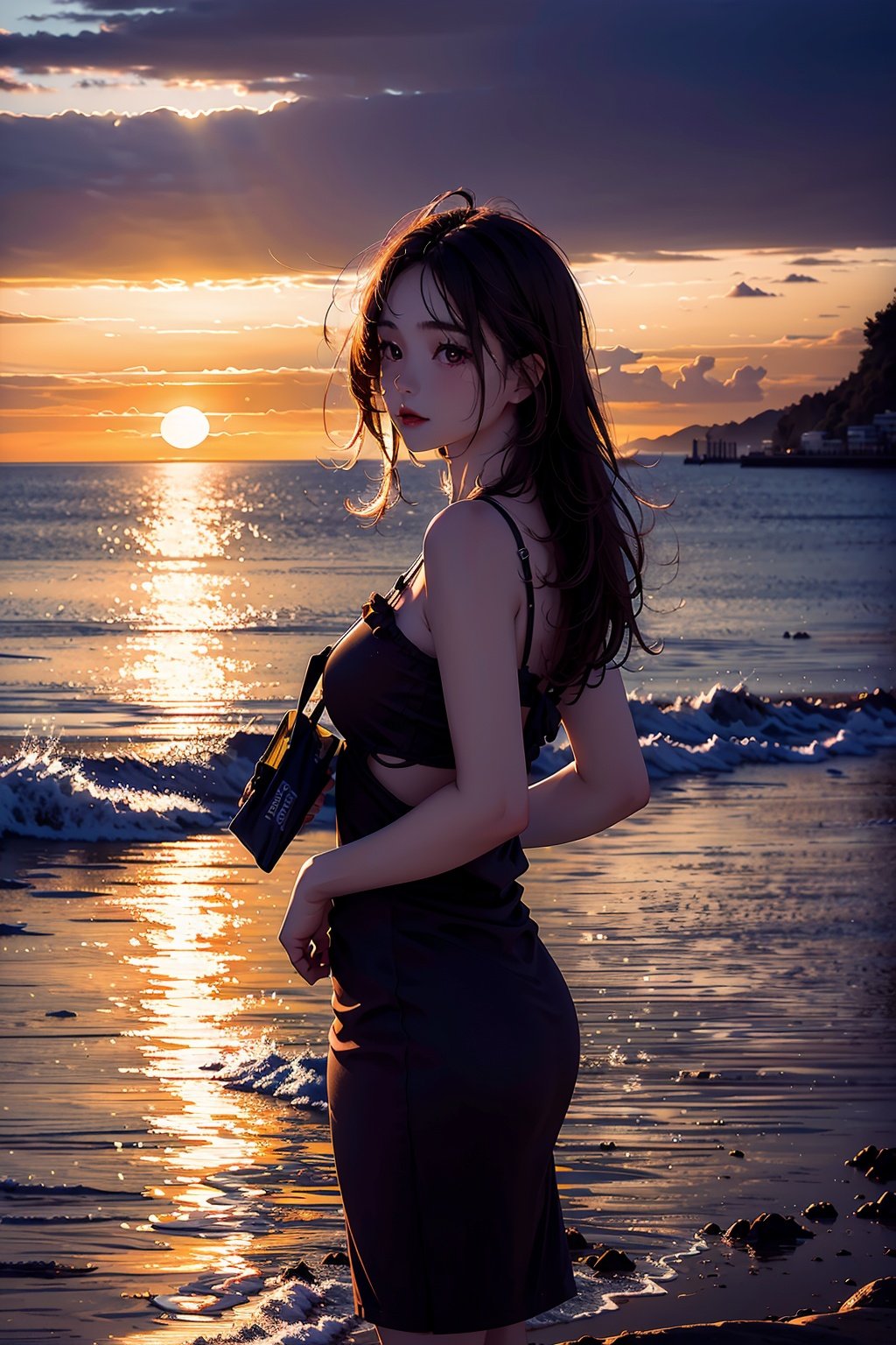 1girl,station,sea,best quality, hyper realism, (ultra high resolution), masterpiece, 8K, RAW Photo,Detail,hunsha,sunset