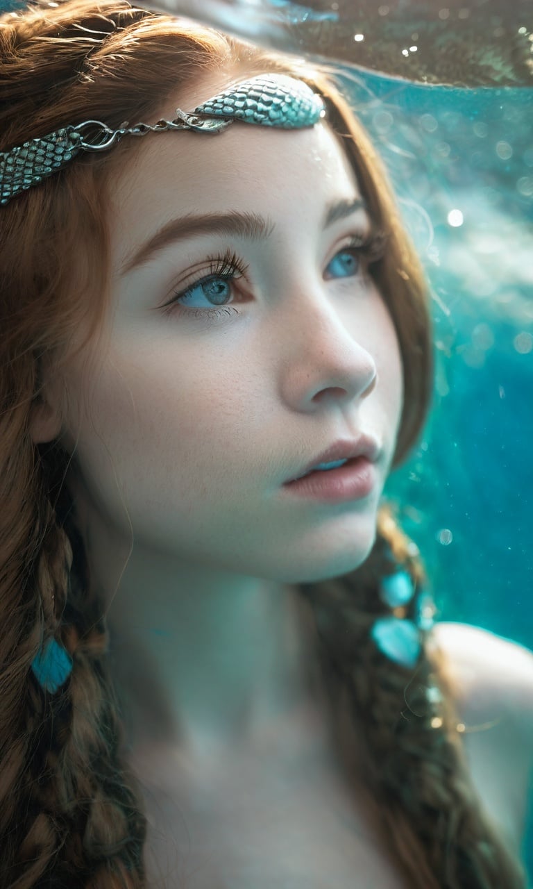 cinematic photo,western fantasy,upper body,an Enchanting mermaid,aged 16,white skin,Focal length 50mm,aperture f/2.5,ISO 250,shutter speed 1/160,