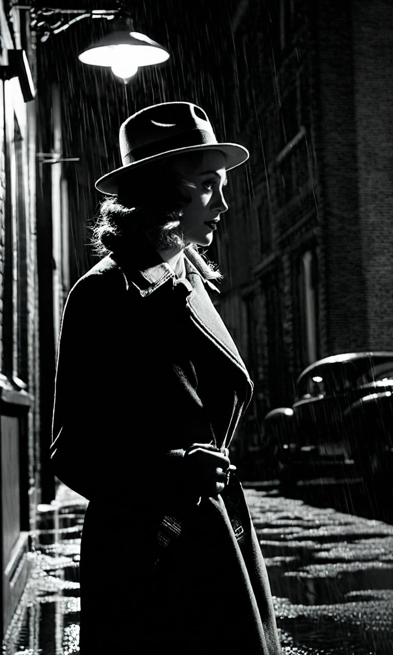 Film Noir,close-up shot of a girl agent chasing in the rain-soaked alley,under the dim streetlight.,dynamic pose,looking at camera. The agent's fedora casts a shadow over her face. The alley is shrouded in darkness,with misty rain adding to the gloomy atmosphere. High contrast lighting and sharp shadows contribute to the mysterious ambiance. Inspired by the works of Edward Hopper. Noir style,dark and moody,chiaroscuro lighting,dramatic composition,cinematic effect,urban decay. Ultra-wide shot,black and white,film grain,vintage look,