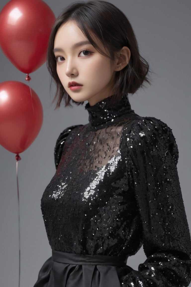 Lanvin sequin-embellished blouse with a high neck and balloon sleeves,Canon EOS 5D Mark IV with Canon EF 24-70mm f/2.8L II,design by 亚历山大·麦昆 (Alexander McQueen) girl,1girl,solo,black eyes,
