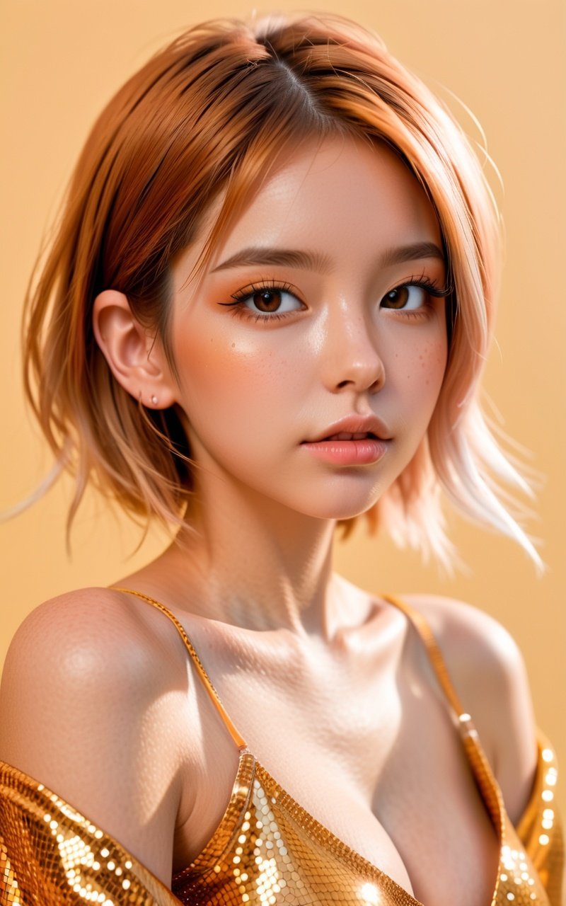 a commercial photo of the young instagram model, sparklecore, appropriation artist, shiny/glossy, clear edge definition, unique and one-of-a-kind pieces, light brown and light amber, Fujifilm X-T4, Sony FE 85mm f/1. 4 GM