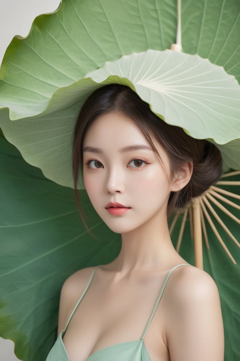 RAW photo, detailed face, ++, f22, beautiful symmetrical face, cute natural makeup, elegant, feminine, highly detailed, a 1girl, (full body:0.8)pose with parasols like a huge lotus leaf, ((huge lotus leaf))in the style of light emerald, oriental minimalism, subtle elegance, hd mod, in the style of elegant clothing, light green, realistic yet ethereal, simplistic designs, oriental, whimsical shapes, serene harmony beautiful symmetrical face, elegant, feminine, highly detailed, intricate,best quality, ultra-detailed, masterpiece, hires, 8k,(photorealistic),transparent,