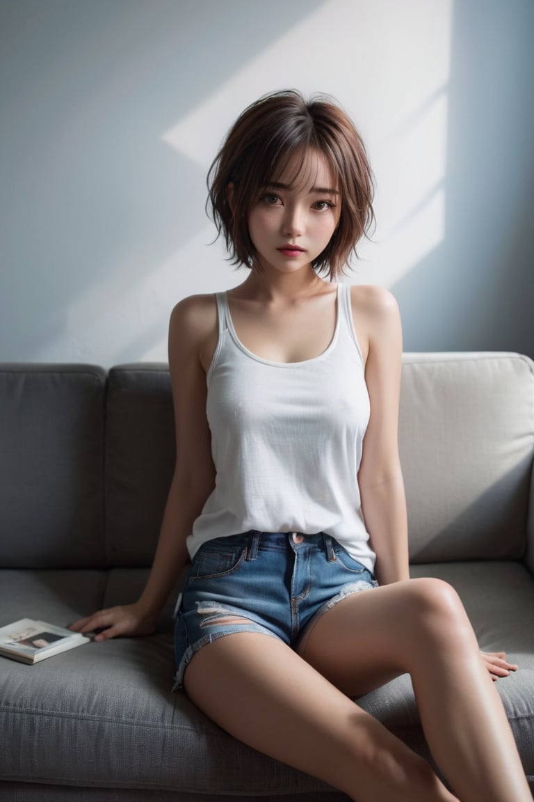 1girl,Messy hair,short hair,white_tank_top,Denim shorts, Perfect figure,flat-chested,(natural skin texture, soft light, sharp),in dark room,sitting on a grey couch, crossing legs,High resolution,full body,cinematic lighting, Sony FE, depth of field, Fujicolor, anatomically correct, textured skin, award winning, best quality,behisheroine,aesthetic portrait,lalalalisa_m,FUJI