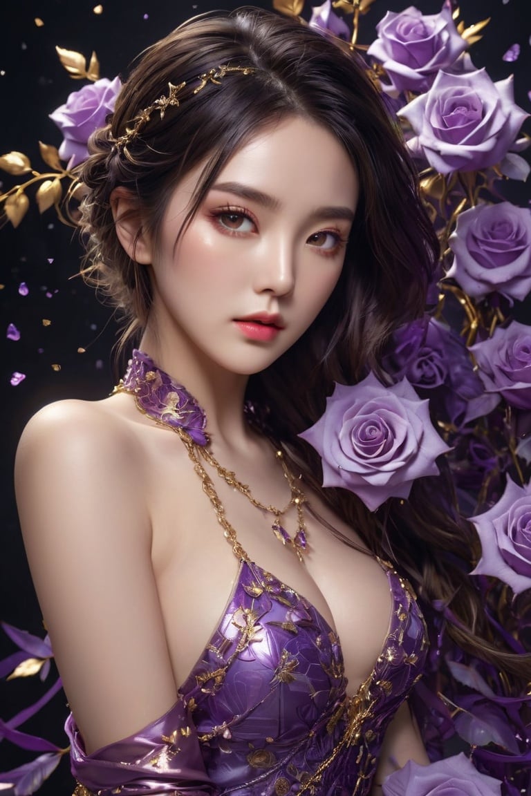 cinematic photo official art,unity 8k wallpaper,ultra detailed,aesthetic,masterpiece,best quality,photorealistic,entangle,purple rose,tangle,entangle,1girl,chinese woman, (full body:1.2), Glowing eyes,tears,Golden eyeshadows,ecstasy of flower,dynamic angle,the most beautiful form of chaos,elegant,a brutalist designed,Gradient colours,romanticism, film, professional, highly detailed, skin detail realistic,Glass fragments,Shimmering Crysta, looking at viewer