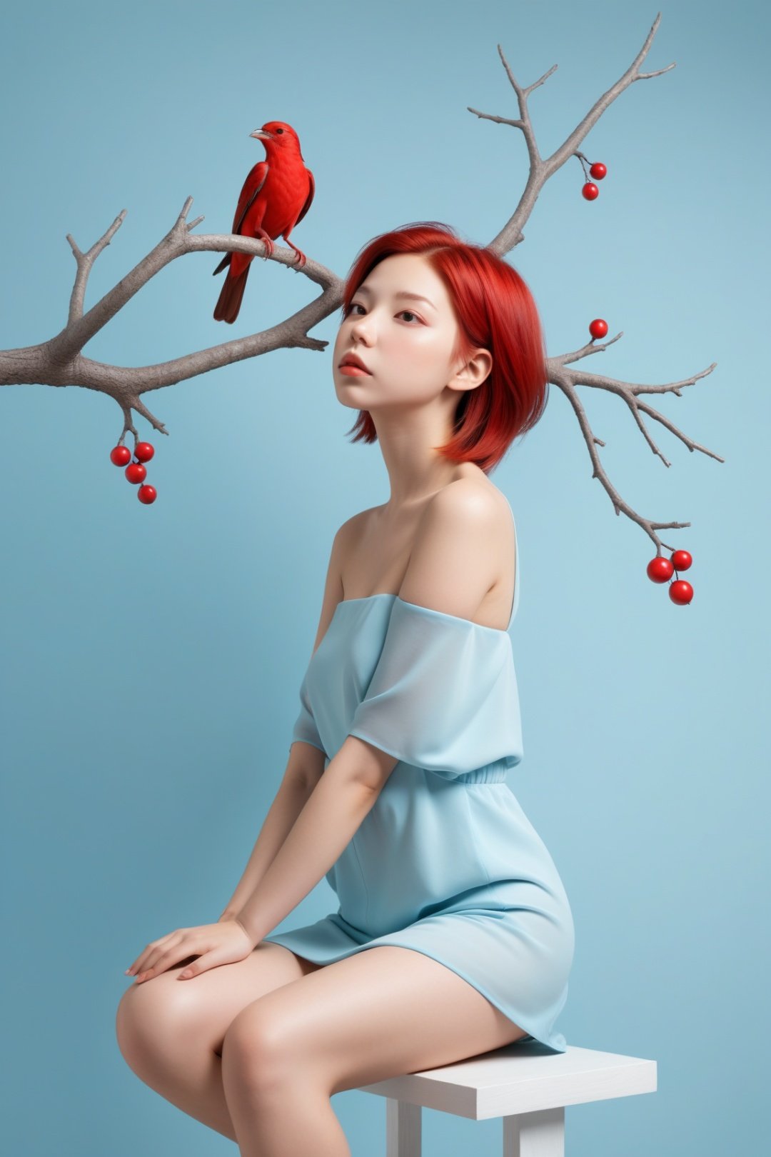 young girl on the branch of tree with birds and a bird sitting on top of it, in the style of minimalism, beautiful and exquisite face, photo-realistic hyperbole, light blue and red, formalist aesthetics, uniformly staged images, fashion photography, oversized objects,1girl