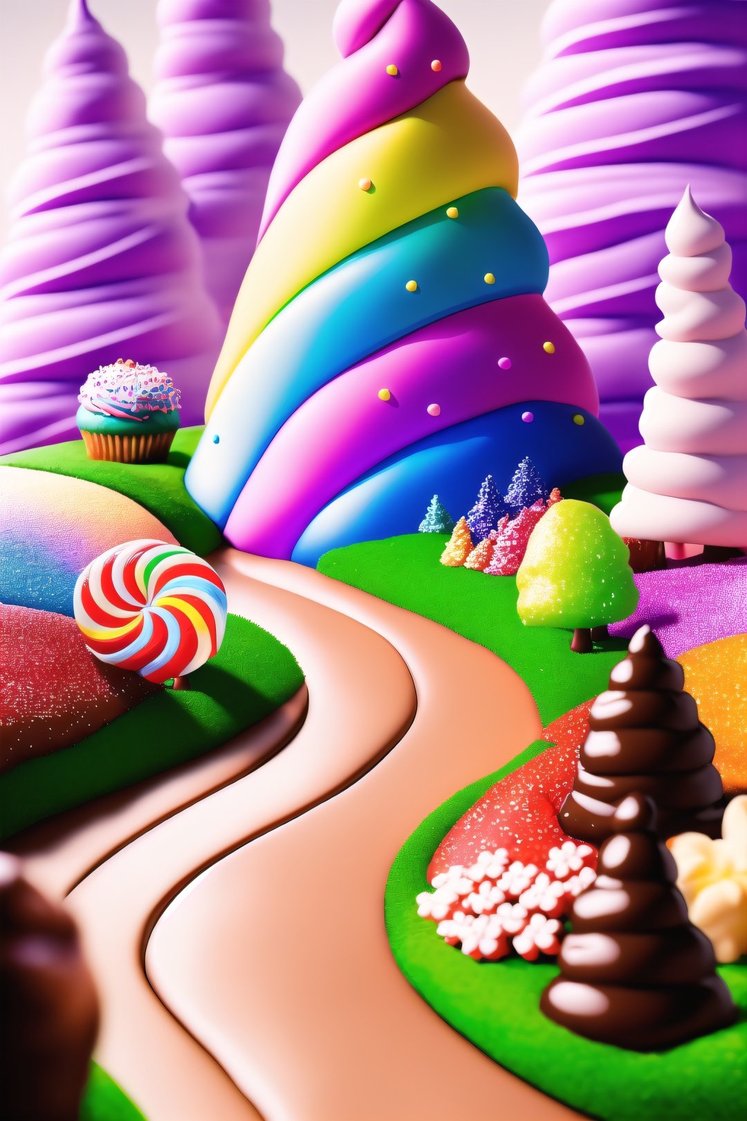 (Masterpiece, best quality:1.3), highly detailed, fantasy, 8k, digital illustration, original, 3d, tilt shift, stop motion, claymation, <lyco:Sweetscape-20:0.9>,  8k, (sweetscape), outdoors, candy, dynamic, cinematic, ultra-detailed, full background, valley, flower, oversized cupcake, oversized candy cane, drip, sparkle, chocolate, drizzle, glaze:1.3), chocolate bar, house, path, [candycane forest:0.4], beautiful, grass, syrup, glitter, scenery, ((no humans)), drizzle, beautiful, (shiny:1.2), various colors, bloom:0.4, extremely detailed, striped, rainbow, (gradients), lively, perfect composition, blurry foreground