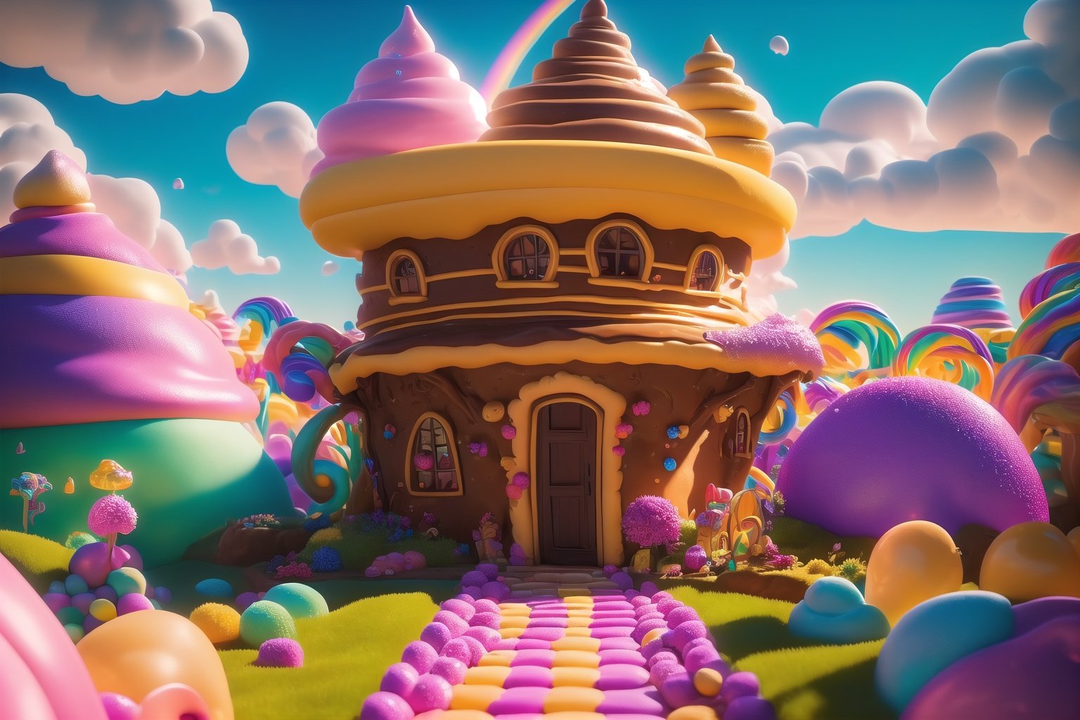 (Masterpiece, best quality:1.3), highly detailed, fantasy, , 8k, candyland, dynamic, cinematic, ultra-detailed, full background, fantasy, illustration, drip, sparkle, pancake:1.3), grass, syrup, glitter, scenery, ((no humans)), drizzle, beautiful, (shiny:1.2), various colors, monolithic, bloom:0.4, extremely detailed, (yellow and brown theme:1.3), striped, rainbow, (gradients),candyland, <lora:EMS-27722-EMS:1>