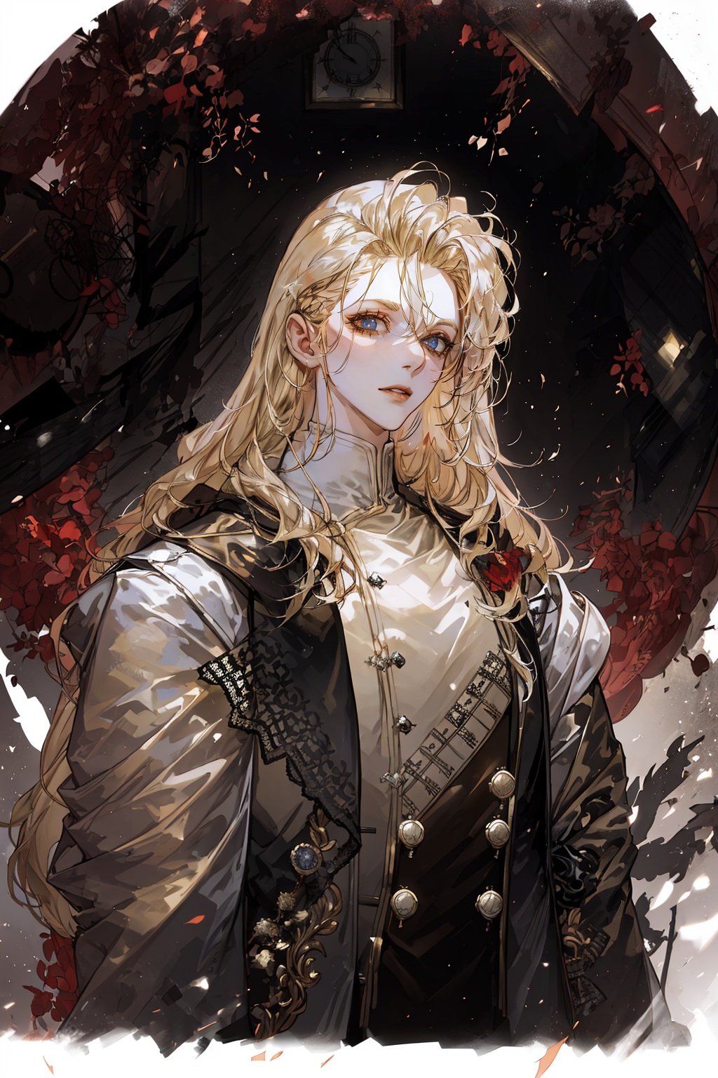 a man with blonde hair and a black jacket standing in front of a tree and building with a clock, Cedric Seaut (Keos Masons), official art, a character portrait, aestheticism, upper body, 