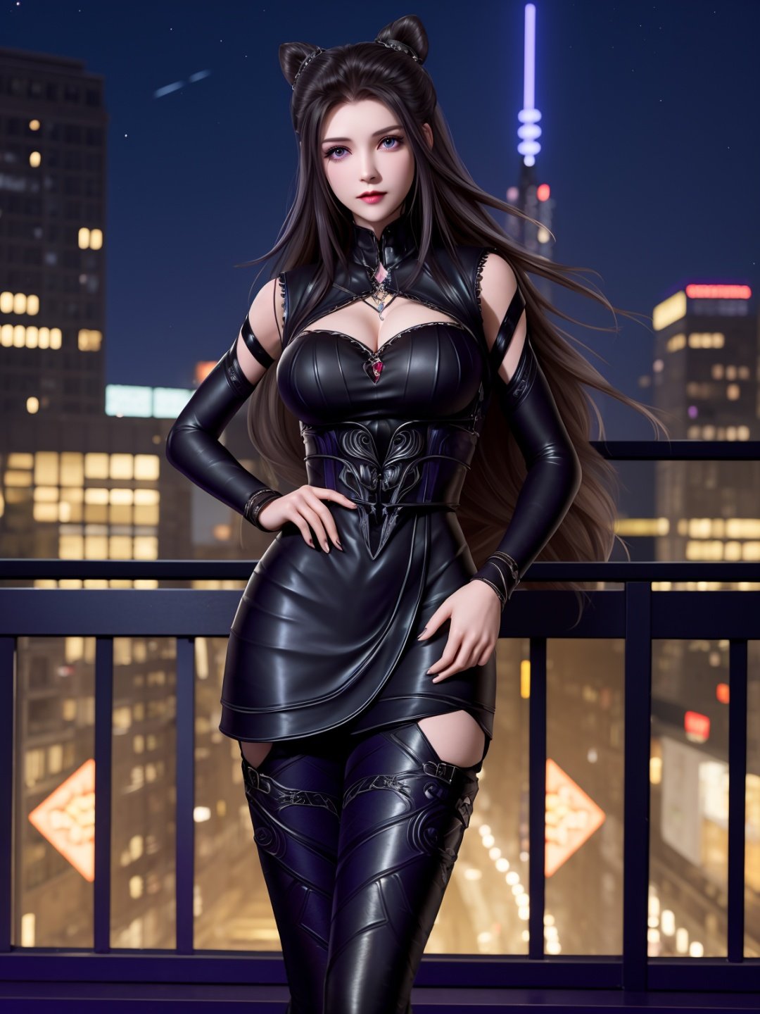 DLDLzhuzhuqing, 1girl, solo, black hair, long hair, purple eyes, thigh boots, black dress, looking at viewer, detached sleeves, jewelry, cone hair bun,mature female, cityscape, night, <lora:DLDLzhuzhuqingX:0.75>,cowboy shot, hand on hip, 