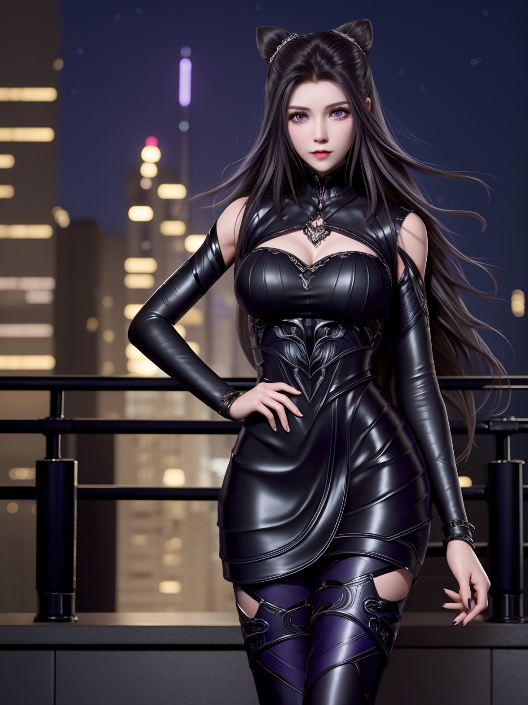 DLDLzhuzhuqing, 1girl, solo, black hair, long hair, purple eyes, thigh boots, black dress, looking at viewer, detached sleeves, jewelry, cone hair bun,mature female, cityscape, night, <lora:DLDLzhuzhuqingX:0.75>,cowboy shot, hand on hip, 