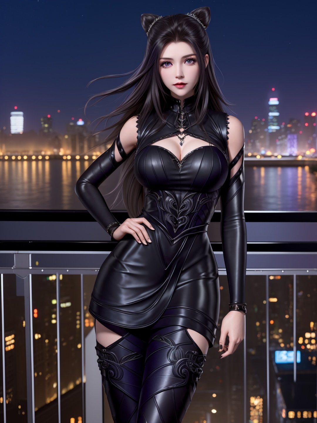 DLDLzhuzhuqing, 1girl, solo, black hair, long hair, purple eyes, thigh boots, black dress, looking at viewer, detached sleeves, jewelry, cone hair bun,mature female, cityscape, night, <lora:DLDLzhuzhuqingX:0.75>,cowboy shot, hand on hip, 