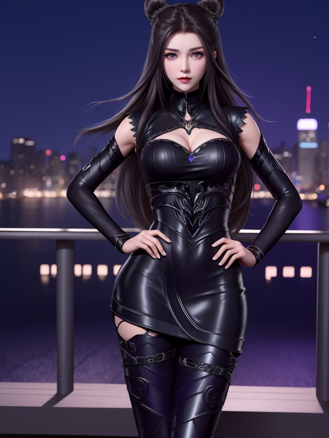 DLDLzhuzhuqing, 1girl, solo, black hair, long hair, purple eyes, thigh boots, black dress, looking at viewer, detached sleeves, jewelry, cone hair bun,mature female, cityscape, night, <lora:DLDLzhuzhuqingX:0.75>,cowboy shot, hand on hip, 