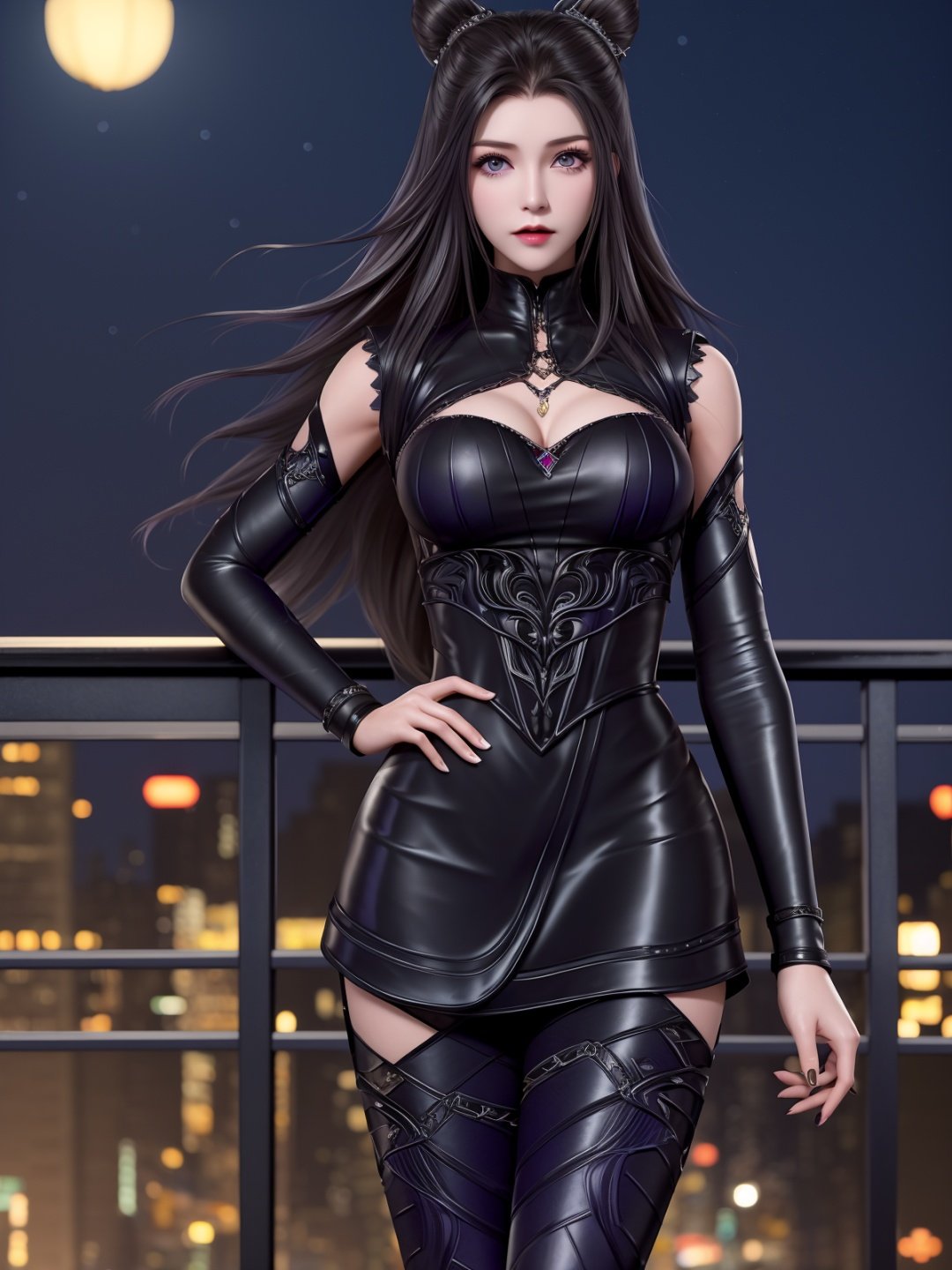 DLDLzhuzhuqing, 1girl, solo, black hair, long hair, purple eyes, thigh boots, black dress, looking at viewer, detached sleeves, jewelry, cone hair bun,mature female, cityscape, night, <lora:DLDLzhuzhuqingX:0.75>,cowboy shot, hand on hip, 