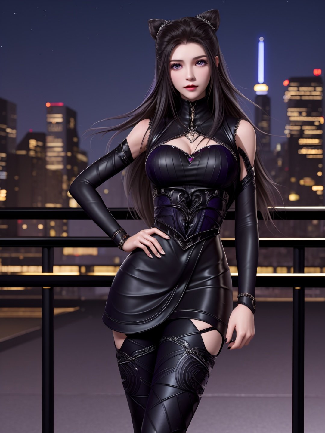 DLDLzhuzhuqing, 1girl, solo, black hair, long hair, purple eyes, thigh boots, black dress, looking at viewer, detached sleeves, jewelry, cone hair bun,mature female, cityscape, night, <lora:DLDLzhuzhuqingX:0.75>,cowboy shot, hand on hip, 