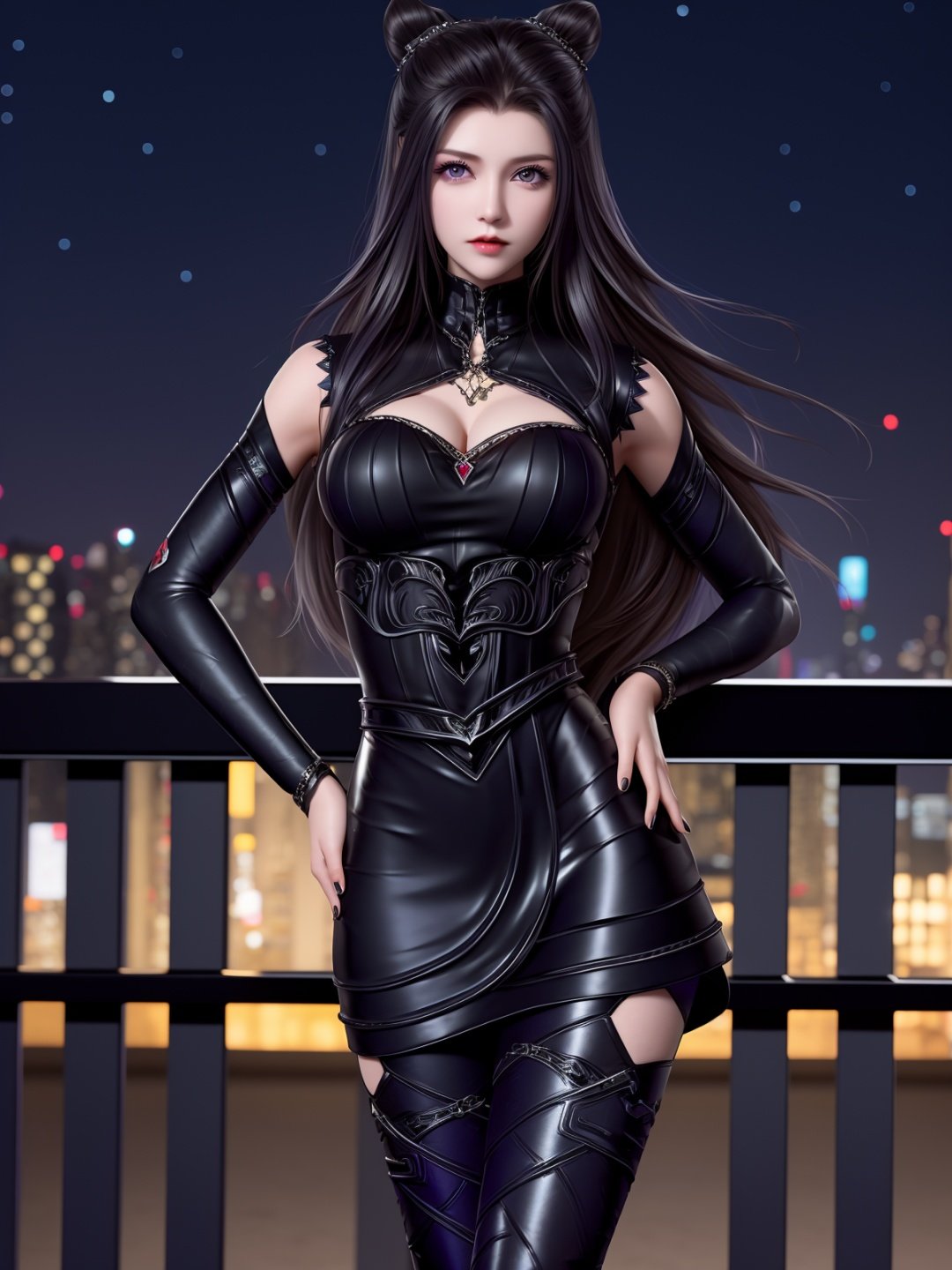 DLDLzhuzhuqing, 1girl, solo, black hair, long hair, purple eyes, thigh boots, black dress, looking at viewer, detached sleeves, jewelry, cone hair bun,mature female, cityscape, night, <lora:DLDLzhuzhuqingX:0.75>,cowboy shot, hand on hip, 