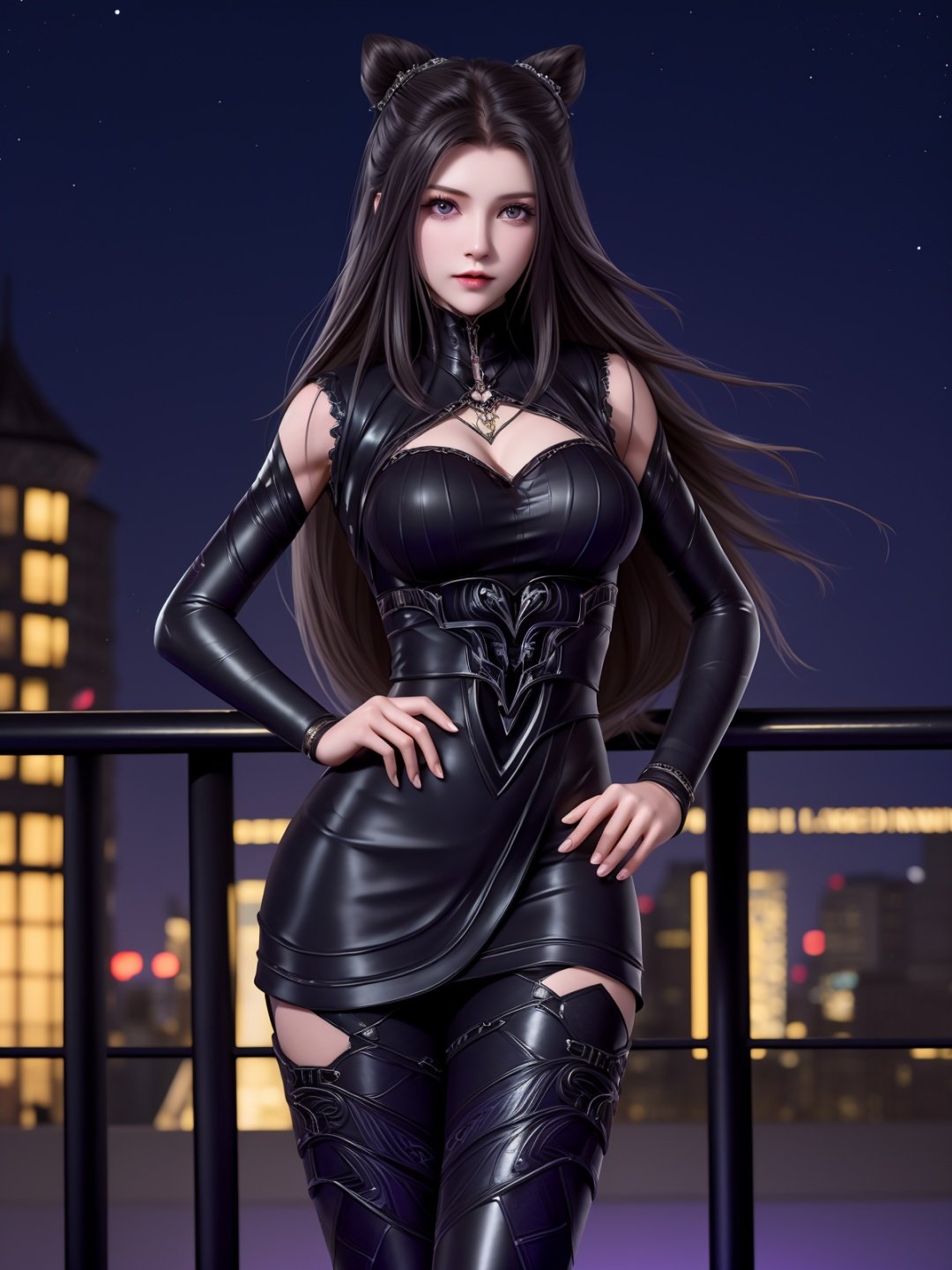 DLDLzhuzhuqing, 1girl, solo, black hair, long hair, purple eyes, thigh boots, black dress, looking at viewer, detached sleeves, jewelry, cone hair bun,mature female, cityscape, night, <lora:DLDLzhuzhuqingX:0.75>,cowboy shot, hand on hip, 