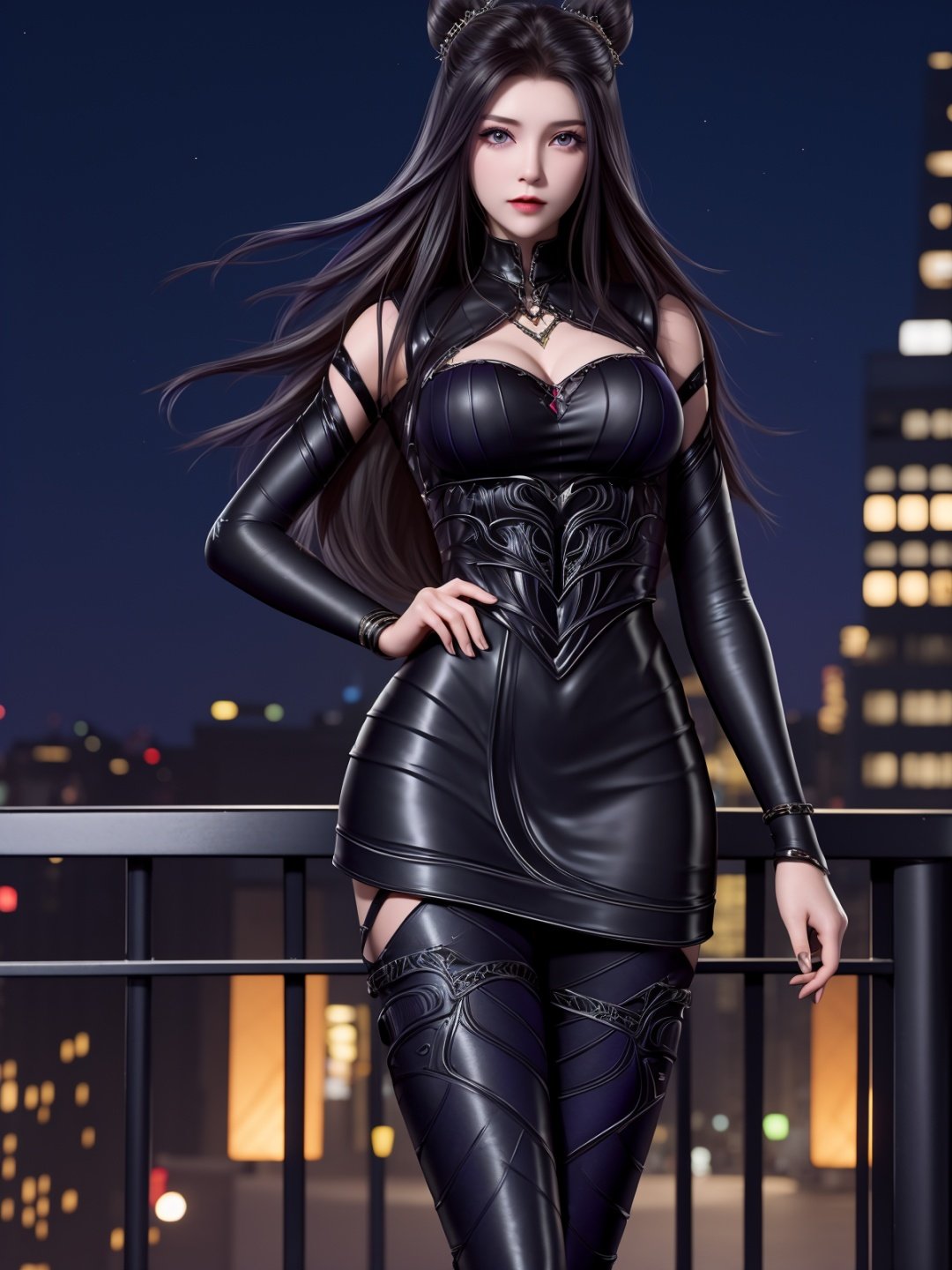 DLDLzhuzhuqing, 1girl, solo, black hair, long hair, purple eyes, thigh boots, black dress, looking at viewer, detached sleeves, jewelry, cone hair bun,mature female, cityscape, night, <lora:DLDLzhuzhuqingX:0.75>,cowboy shot, hand on hip, 