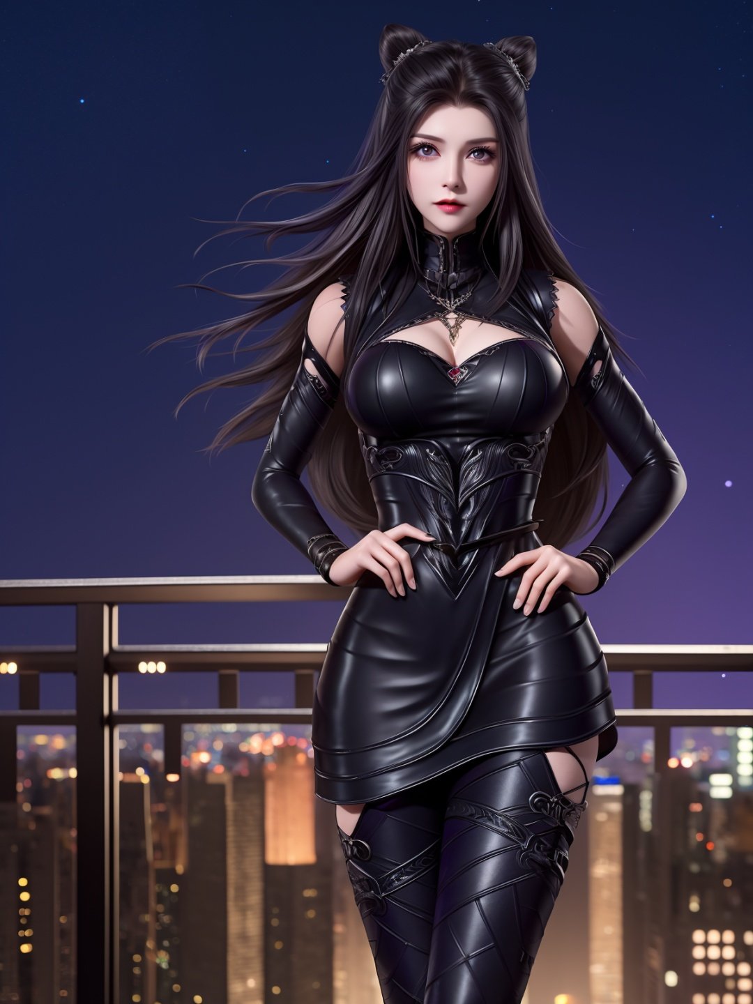 DLDLzhuzhuqing, 1girl, solo, black hair, long hair, purple eyes, thigh boots, black dress, looking at viewer, detached sleeves, jewelry, cone hair bun,mature female, cityscape, night, <lora:DLDLzhuzhuqingX:0.75>,cowboy shot, hand on hip, 