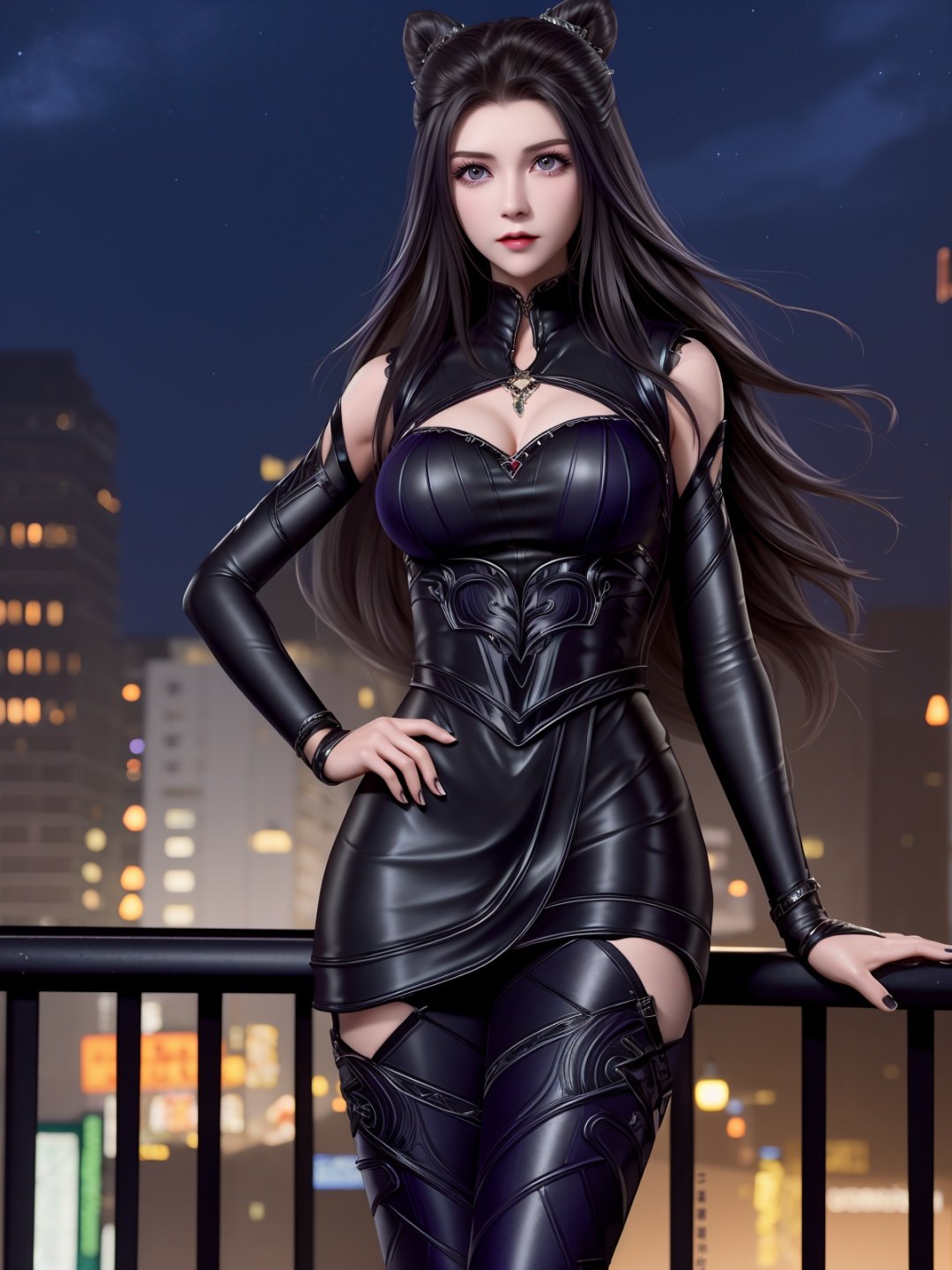 DLDLzhuzhuqing, 1girl, solo, black hair, long hair, purple eyes, thigh boots, black dress, looking at viewer, detached sleeves, jewelry, cone hair bun,mature female, cityscape, night, <lora:DLDLzhuzhuqingX:0.75>,cowboy shot, hand on hip, 