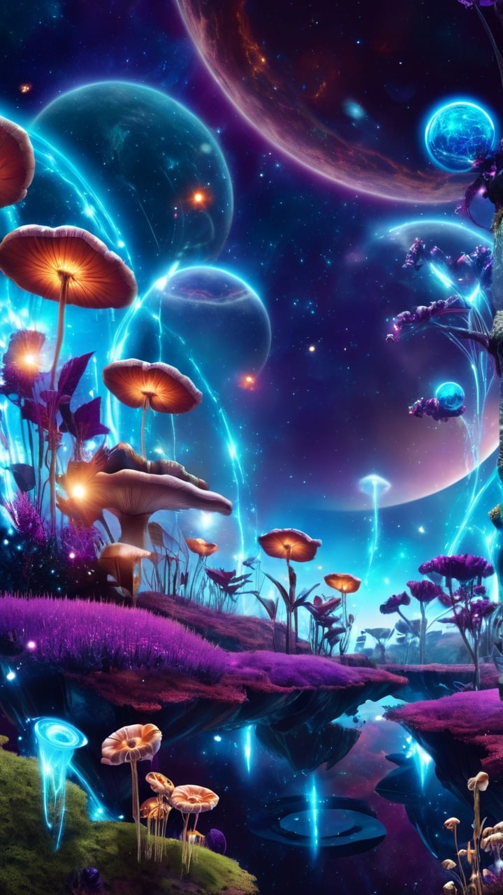 (Magic Universe, Fantasy Style: 1.5) Small perspective, looking at the universe, mushroom planet, magic plants outside the planet<lora:sdxl_changjing:1>