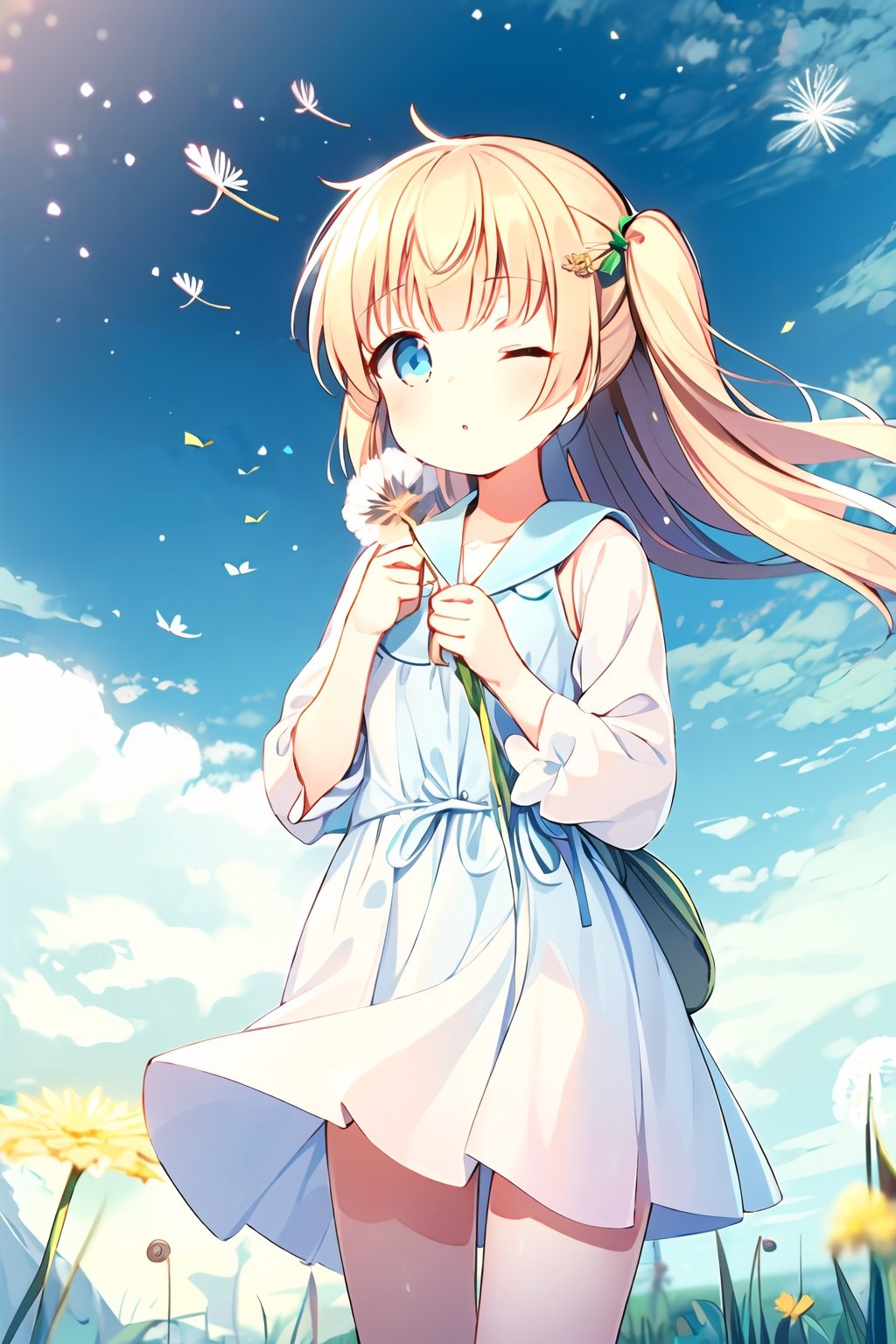 1girl,prt,blonde hair,blue eyes,long hair,one side up,holding dandelion seed,big dandelion, (dandelion:1.3) seed,looking at viewer, one eye closed,   <lora:dandelion-000007:0.9>