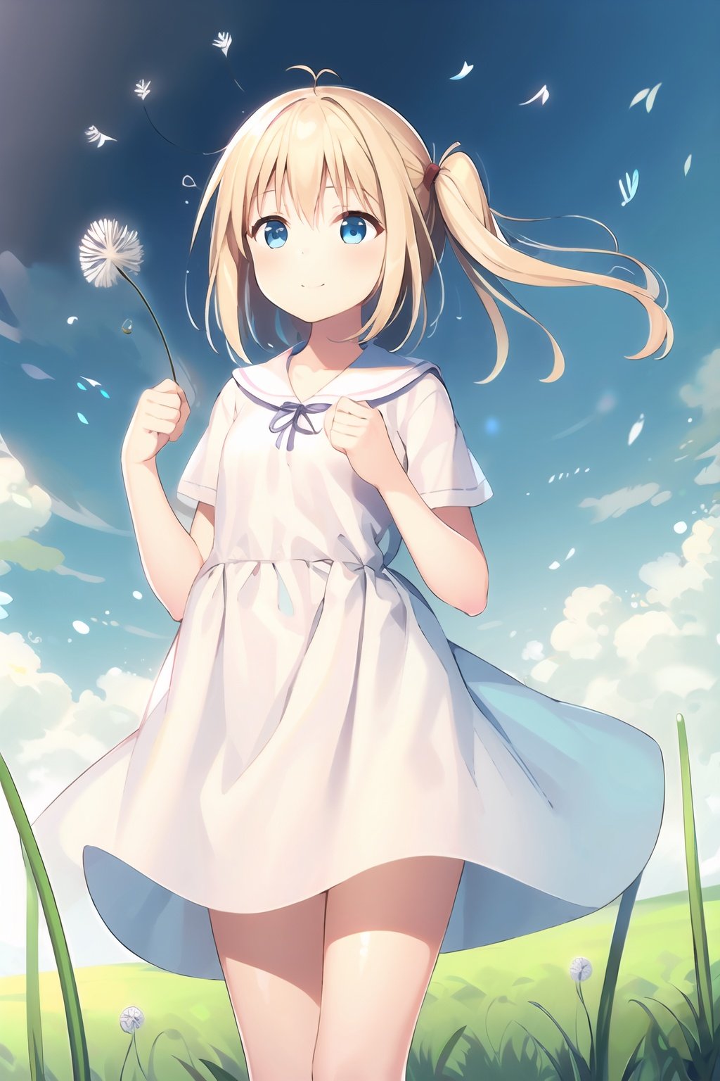 1girl,prt,blonde hair,blue eyes,long hair,one side up,holding dandelion seed,big dandelion,  dandelion seed,light smile, blowing,  <lora:dandelion-000004:1>