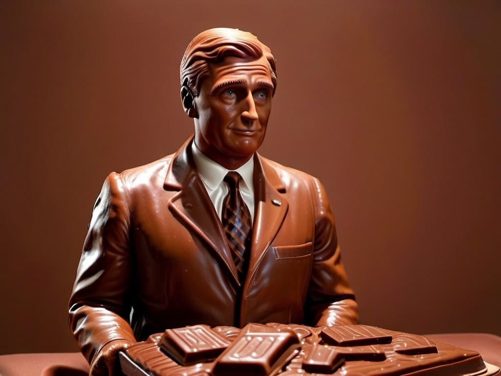 photo, realistic, chocolate male US President moves to reassure a worried nation, press conference, 1960s, cold war, paranoia, entire scene made of chocolate   SimplepositiveXLv1 unaestheticXLv13, chocolate
