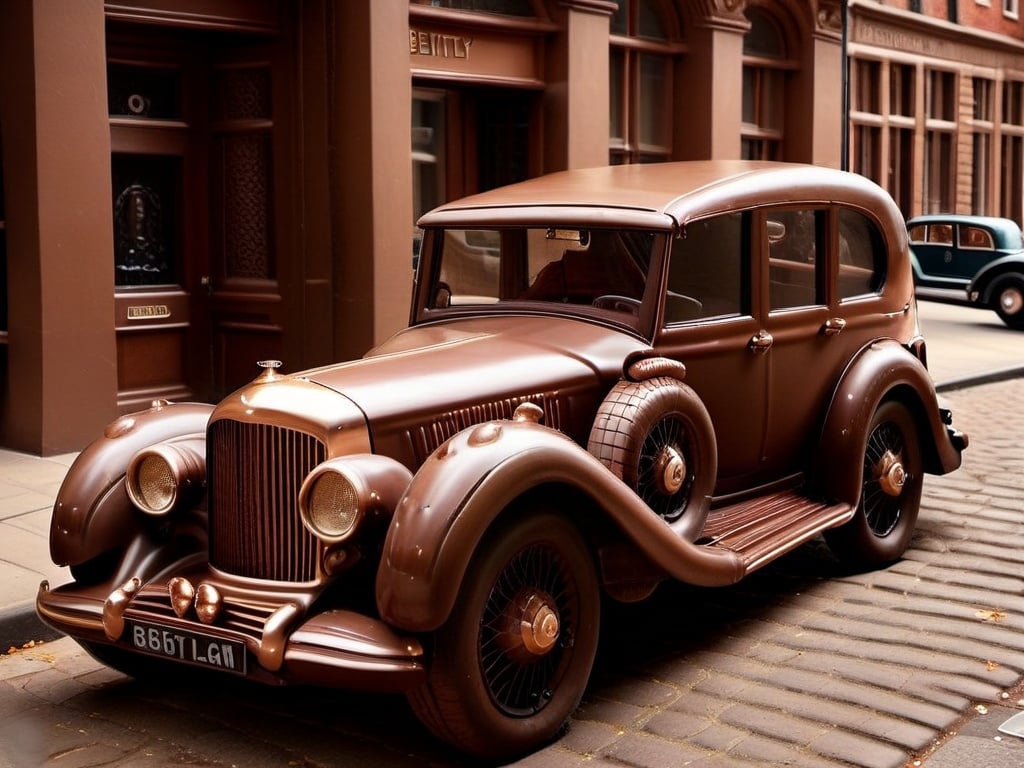 photo, realistic, a chocolate 1920s Bentley car parked on the street, highly detailed,  chocolate
