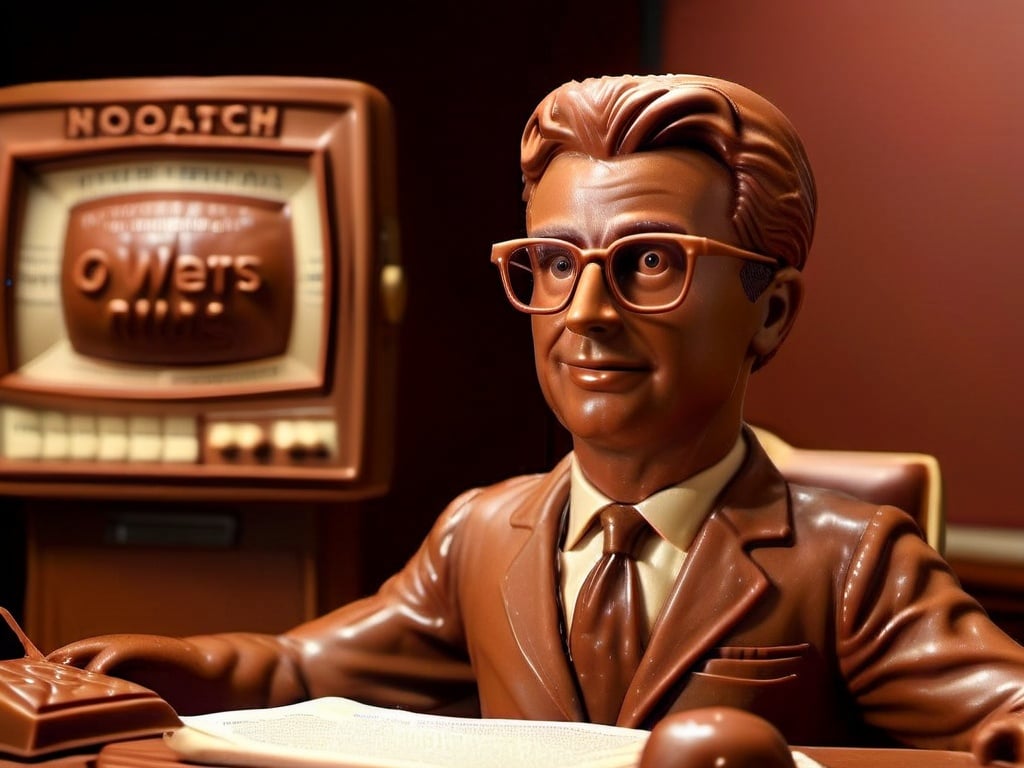 photo, realistic, chocolate sculpture of a 1960's male television newsreader, wearing glasses,  sitting at a chocolate desk, reading the news, breaking news, special broadcast, Walter Cronkite, entire scene made of chocolate, highly detailed  SimplepositiveXLv1 unaestheticXLv13, chocolate

