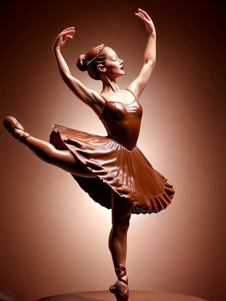 photo, realistic, chocolate ballerina on stage, highly detailed,  SimplepositiveXLv1 unaestheticXLv13, chocolate
