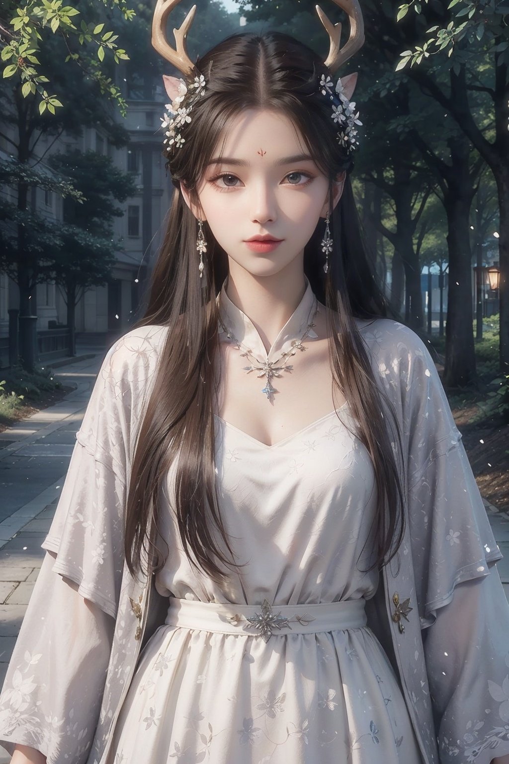 masterpiece,best quality,official art,extremely detailed CG unity 8k wallpaper,1girl, dress, long hair, deer, nature, tree, white dress, forest, animal, antlers, flower, realistic, solocaustics,light rays,light particles,cityscape, neon trim, snowflakes, ice wings,  <lora:苏檀儿:0.6> <lora:泛光:0.3>