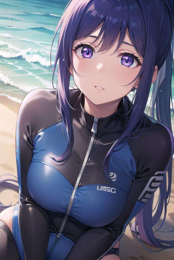 kananmatsuura, <lora:kananmatsuura-lora-nochekaiser:1>, kanan matsuura, blue hair, long hair, ponytail, (purple eyes:1.1), sidelocks, (medium breast:1.2),BREAK bodysuit, diving suit, long sleeves, swimsuit, wetsuit, zipper,BREAK looking at viewer, BREAK outdoors, ocean, submerged,BREAK <lyco:GoodHands-beta2:1>, (masterpiece:1.2), best quality, high resolution, unity 8k wallpaper, (illustration:0.8), (beautiful detailed eyes:1.6), extremely detailed face, perfect lighting, extremely detailed CG, (perfect hands, perfect anatomy),