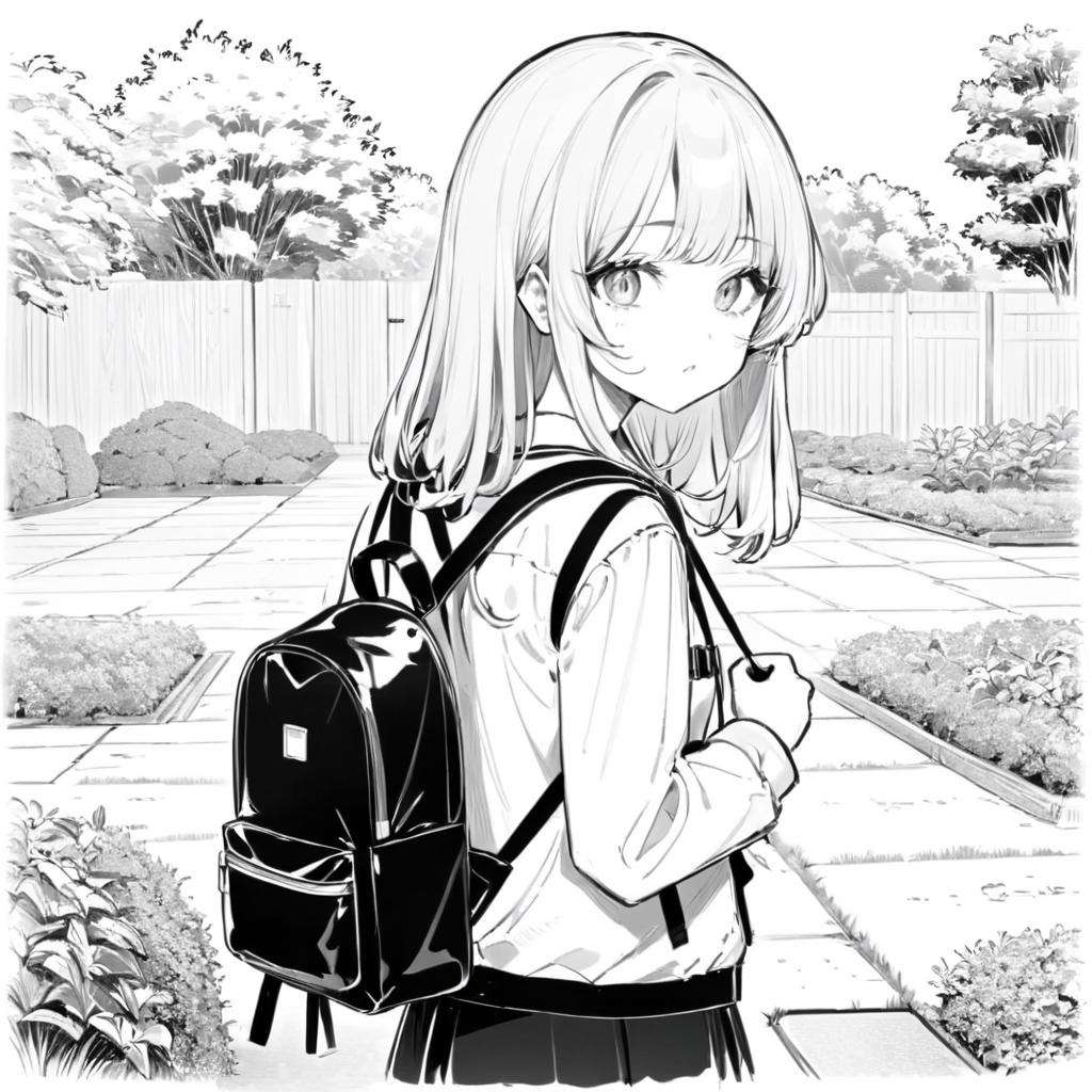 LineAniAF,best quality, anime, lady, backpack, outdoors, (lineart), manga, (monochrome), (colorless), <lora:Lineart-LineAniAF-LessSize20:1>