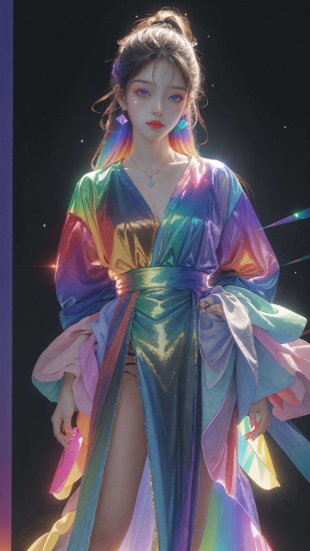 masterpiece, best quality,highres, 1girl, perfect stature, fashion pose, bangs, <lora:liuli:0.6>, chromatic dispersion,(metallic_lustre:0.8), (tansparent_plastic:1.3), coloured glaze, Polychromatic prism effect, rainbowcore, iridescence/opalescence, glowing colors, aluminum foil, Glowing ambiance, <lora:anxiang:0.4>