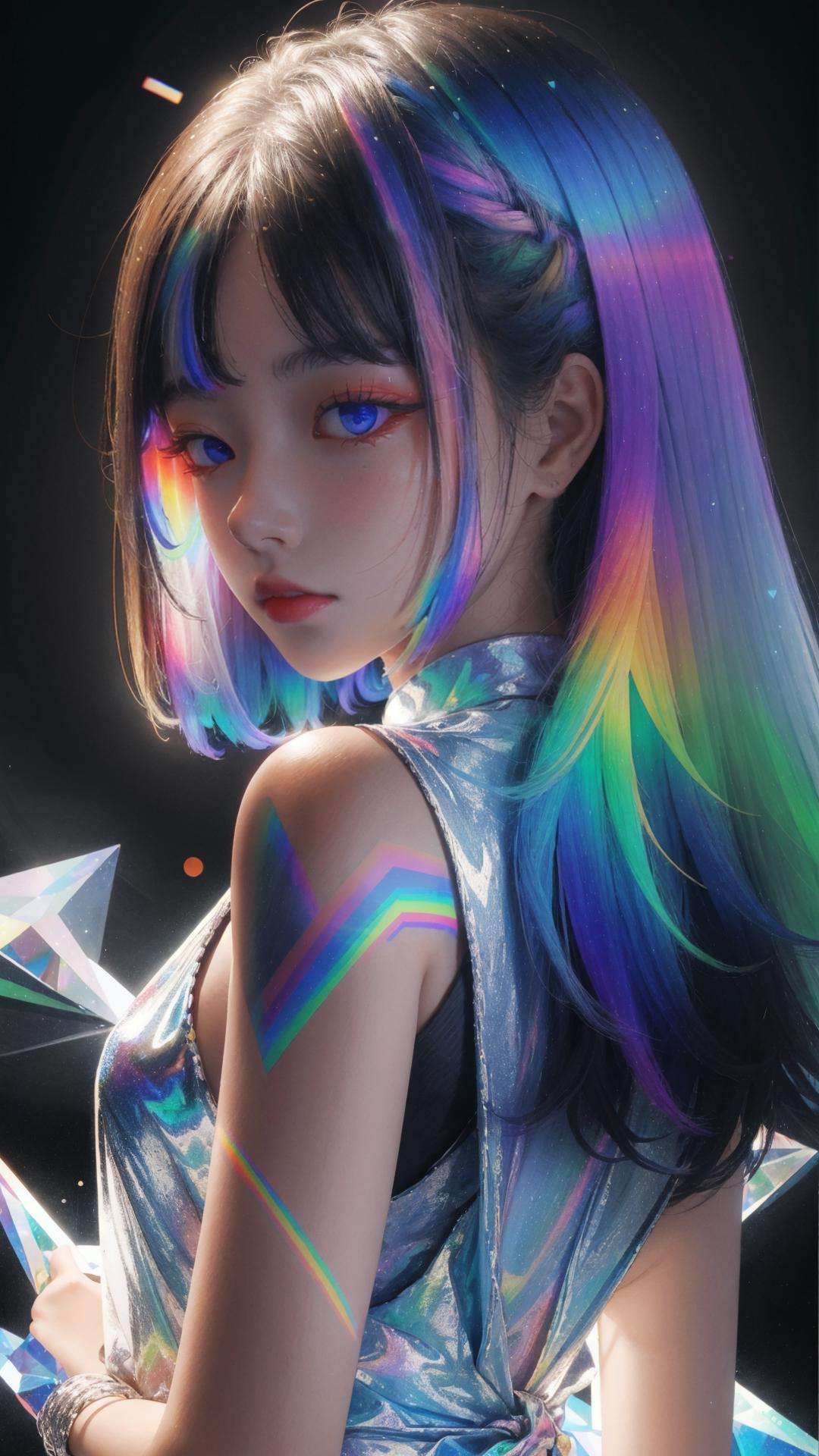 masterpiece, best quality,highres, 1girl, tall, perfect stature, white dress, fashion pose, bangs, look back, <lora:liuli:0.7>, chromatic dispersion,metallic_lustre, tansparent_plastic, coloured glaze, Polychromatic prism effect, rainbowcore, iridescence/opalescence, glowing colors, aluminum foil, Glowing ambiance, (portrait:1.5), white background