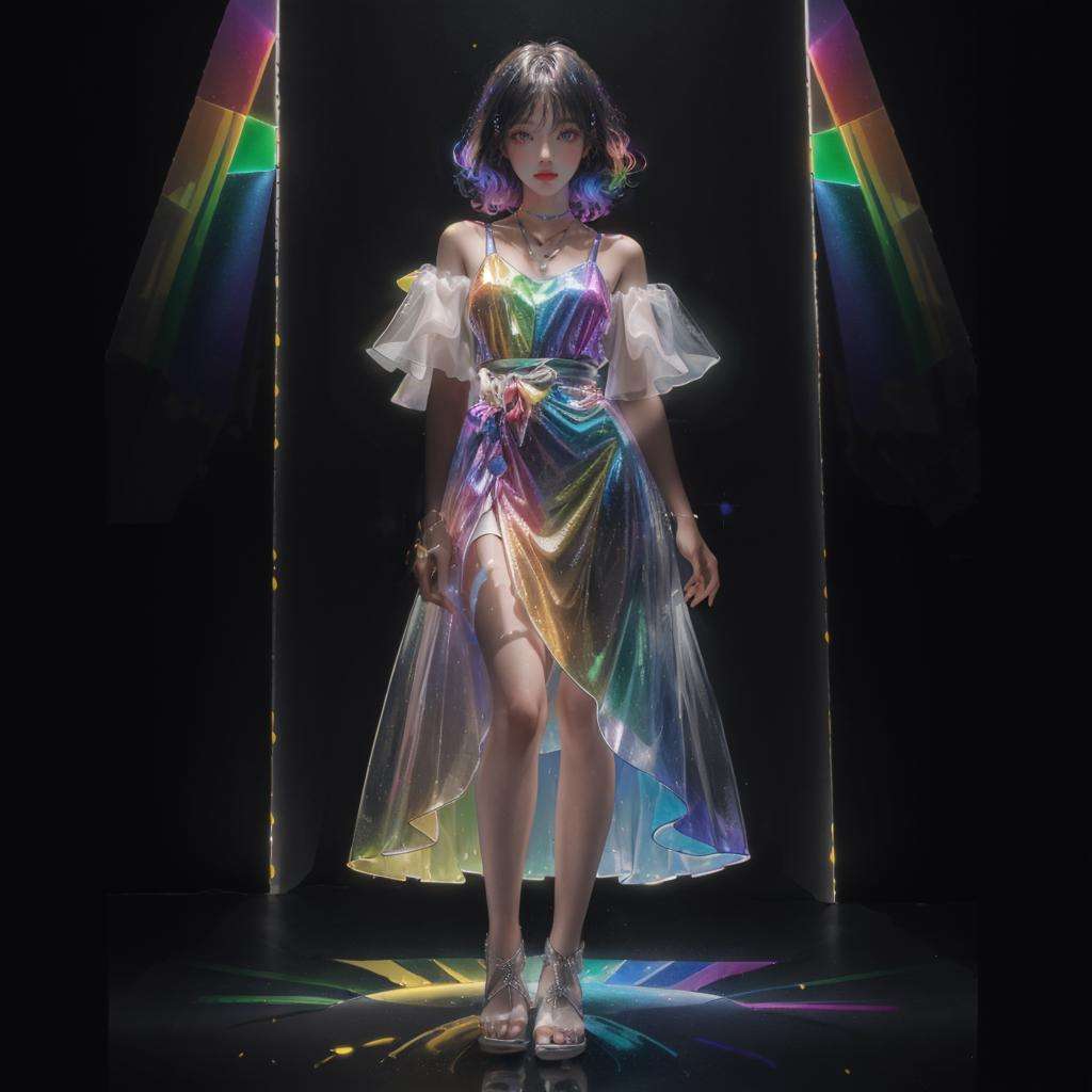 masterpiece, best quality,highres, 1girl, tall, perfect stature, liuli,<lora:liuli_20230828183428:0.6>,full body, bangs, chromatic dispersion,metallic_lustre, (tansparent_plastic:1.4), coloured glaze, Polychromatic prism effect, rainbowcore, iridescence/opalescence, glowing colors, aluminum foil, Glowing ambiance