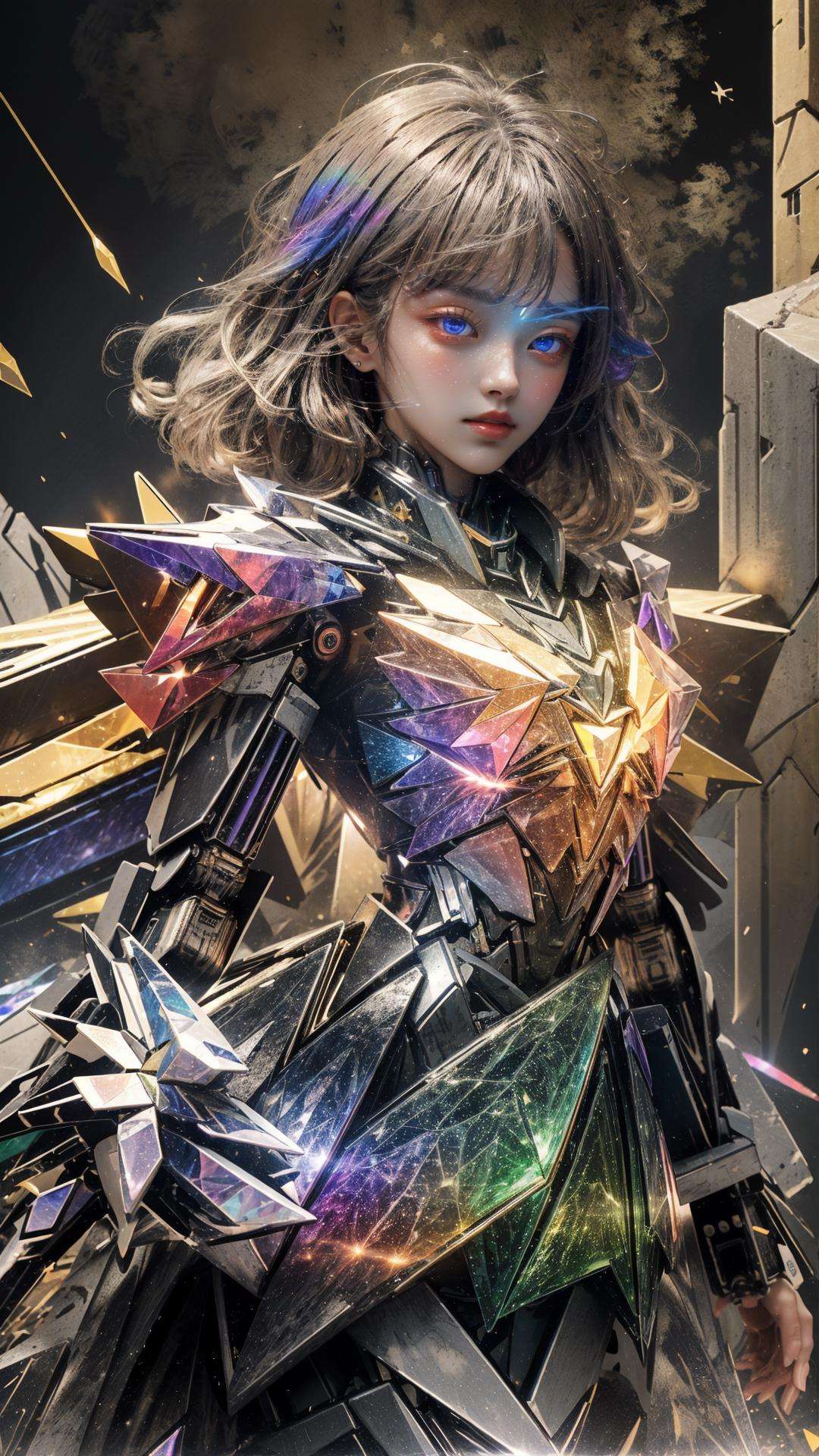 masterpiece, best quality,highres, 1girl，stars in the eyes, opalescence dress, holographic plastic,chromatic dispersion, Polychromatic prism effect, glowing light, (mecha:1.2), <lora:Niji:0.7>, <lora:liuli:0.7>, silver,  <lora:more_details:0.5>