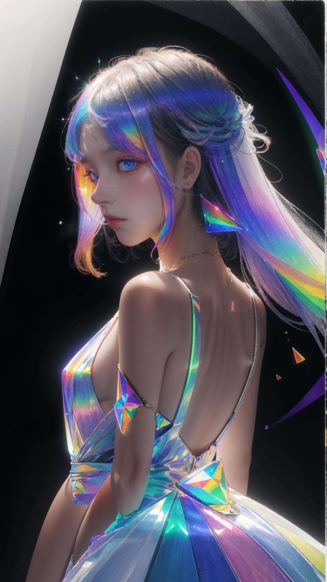 masterpiece, best quality,highres, 1girl, tall, perfect stature, white dress, fashion pose, bangs, look back, <lora:liuli:0.7>, chromatic dispersion,metallic_lustre, tansparent_plastic, coloured glaze, Polychromatic prism effect, rainbowcore, iridescence/opalescence, glowing colors, aluminum foil, Glowing ambiance, (portrait:1.5), white background