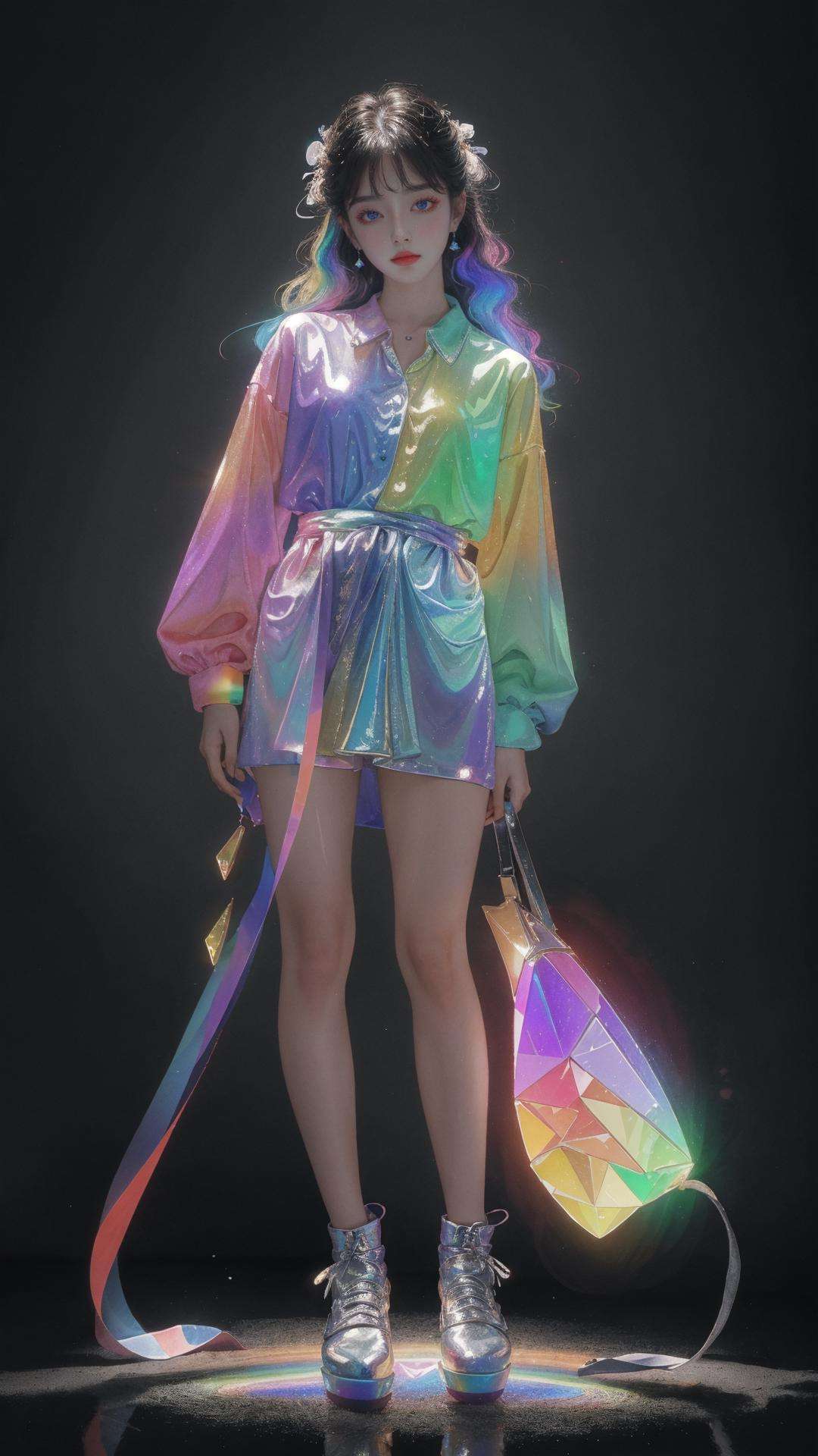 masterpiece, best quality,highres, 1girl, perfect stature, fashion pose, bangs, <lora:liuli:0.6>, chromatic dispersion,(metallic_lustre:0.8), (tansparent_plastic:1.3), coloured glaze, Polychromatic prism effect, rainbowcore, iridescence/opalescence, glowing colors, aluminum foil, Glowing ambiance, <lora:anxiang:0.4>