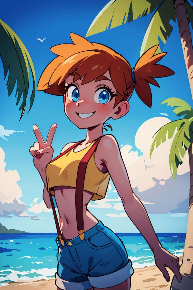 ((masterpiece,best quality)), absurdres, <lora:Misty_Pokemon:0.6>, Misty_Pokemon, pig tail, small breasts, blue eyes, yellow crop top, suspenders, solo, smiling, looking at viewer, cowboy shot, cinematic composition, dynamic pose, palm tree and beach in background, <lora:loraPeaceSign_v03:0.3>, peace,