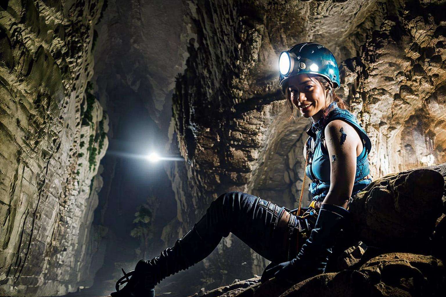 <lora:sondoong-000010:0.8>, cave, sondoong, plant, ((Helmet, Headlamp, Knee pads, Gloves, Boots, Climbing gear, Harness, )), 1girl, a stunning photo with beautiful saturation, ultra high res,(realistic:1.4)),deep shadow,(best quality, masterpiece), pale skin, dimly lit, shade, flustered, blush, highly detailed, ((upper body:0.8)), skinny, BREAK depth of field, film grain, wrinkled skin, looking at viewer, knee,  warm smile,, (masterpiece,best quality:1.5)