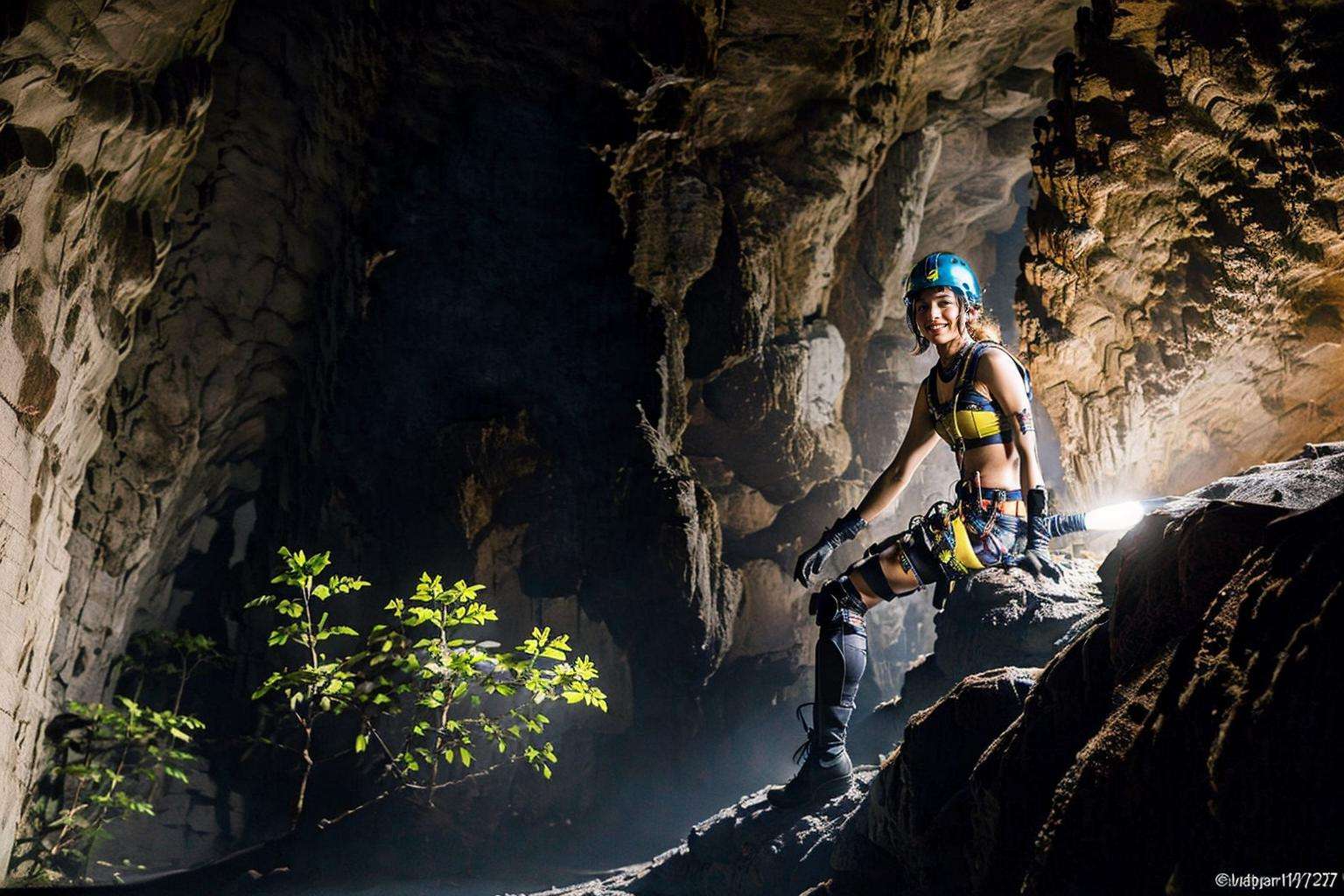 <lora:sondoong-000010:0.8>, cave, sondoong, plant, ((Helmet, Headlamp, Knee pads, Gloves, Boots, Climbing gear, Harness, )), 1girl, a stunning photo with beautiful saturation, ultra high res,(realistic:1.4)),deep shadow,(best quality, masterpiece), pale skin, dimly lit, shade, flustered, blush, highly detailed, ((upper body:0.8)), skinny, BREAK depth of field, film grain, wrinkled skin, looking at viewer, knee,  warm smile,, (masterpiece,best quality:1.5)