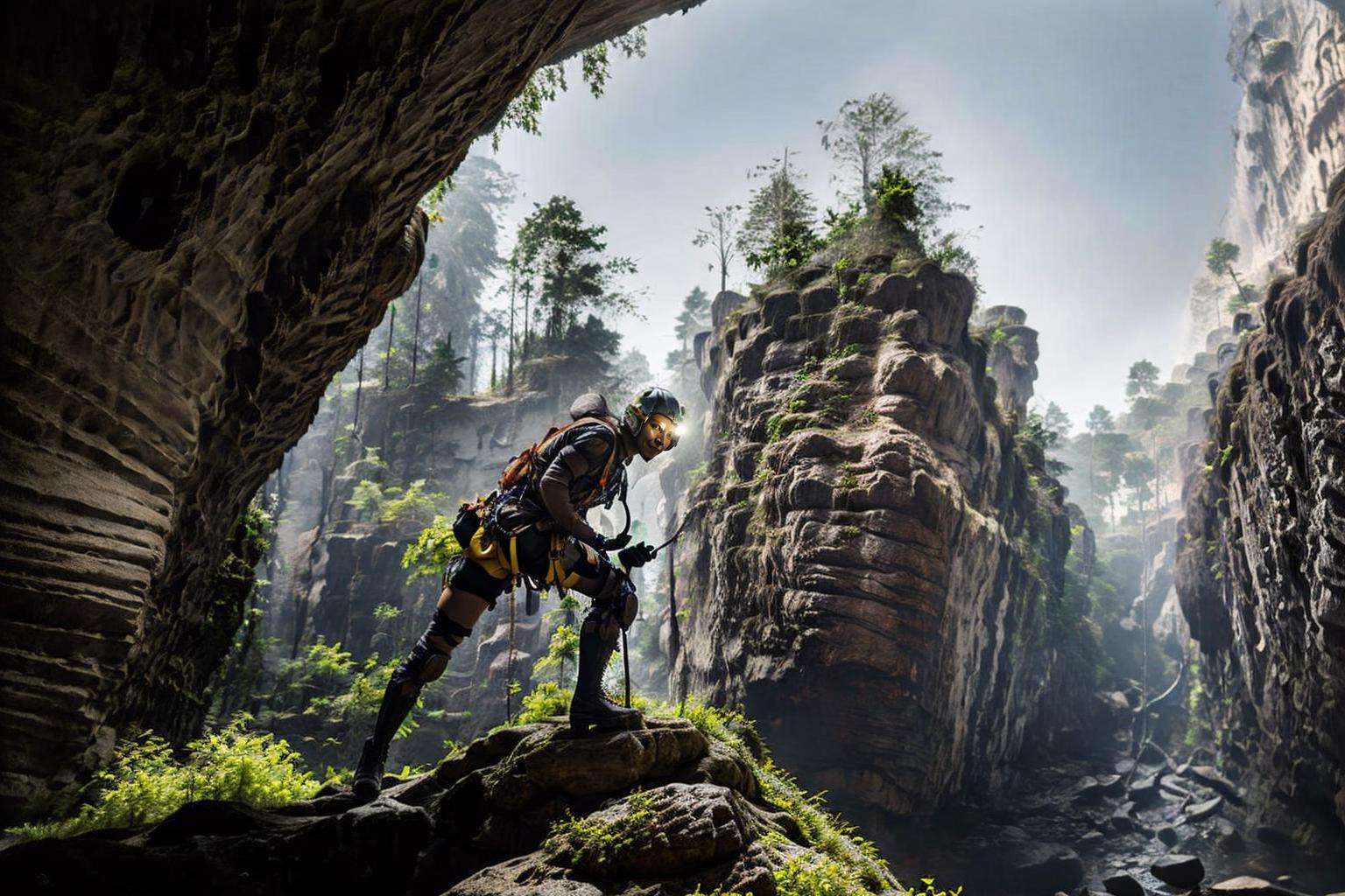 <lora:sondoong-000010:0.8>, cave, sondoong, plant, ((Helmet, Headlamp, Knee pads, Gloves, Boots, Climbing gear, Harness, )), 1girl, a stunning photo with beautiful saturation, ultra high res,(realistic:1.4)),deep shadow,(best quality, masterpiece), pale skin, dimly lit, shade, flustered, blush, highly detailed, ((upper body:0.8)), skinny, BREAK depth of field, film grain, wrinkled skin, looking at viewer, knee,  warm smile,, (masterpiece,best quality:1.5)