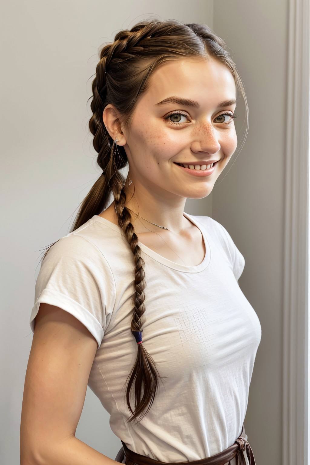 portrait photo of <lora:sd15_JessicaClements_v1:.9> JessicaClements, focus on smiling face, wearing a t-shirt dress , her hair is styled as French braid hair,