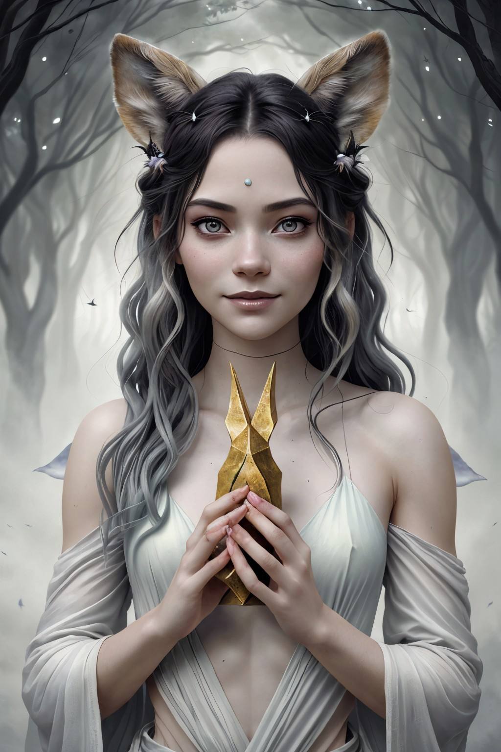 (ethereal fantasy concept art, magnificent, celestial, ethereal, painterly, epic, majestic, magical, fantasy art, cover art, dreamy:1.15), <lora:sd15_Nichameleon_v1:.9> Nichameleon, focus on eyes, close up on face, grinning, fawn color hair styled short wavy hair, black and white